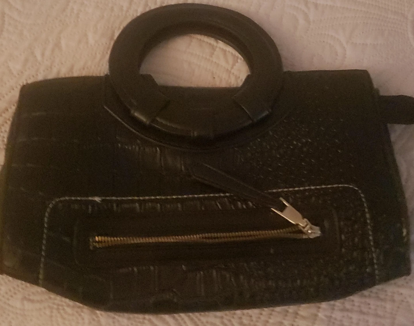 Black Faux Croc Handbag with Round Handle
