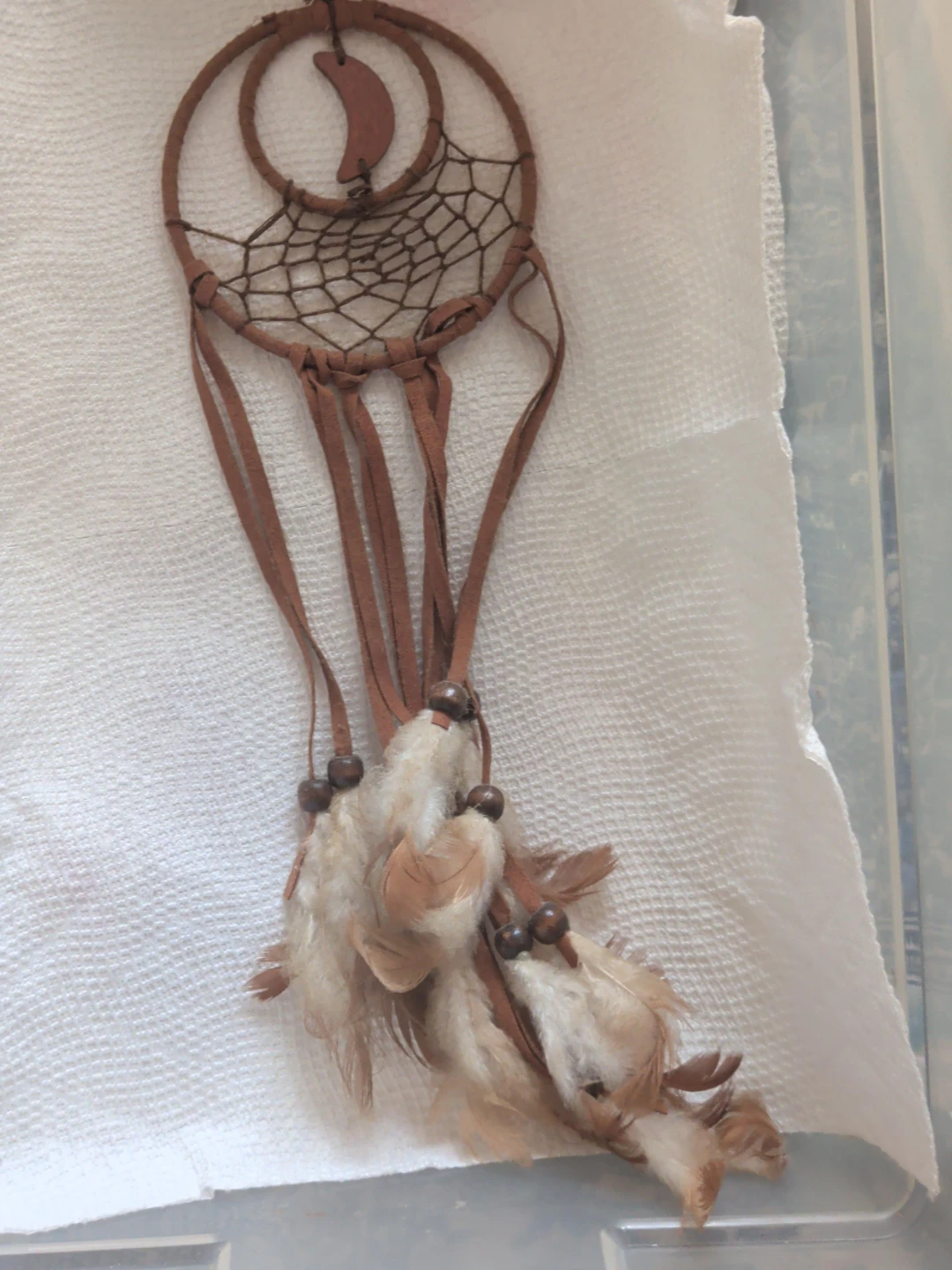 14" Brown Dreamcatcher with Feathers and Moon Charm