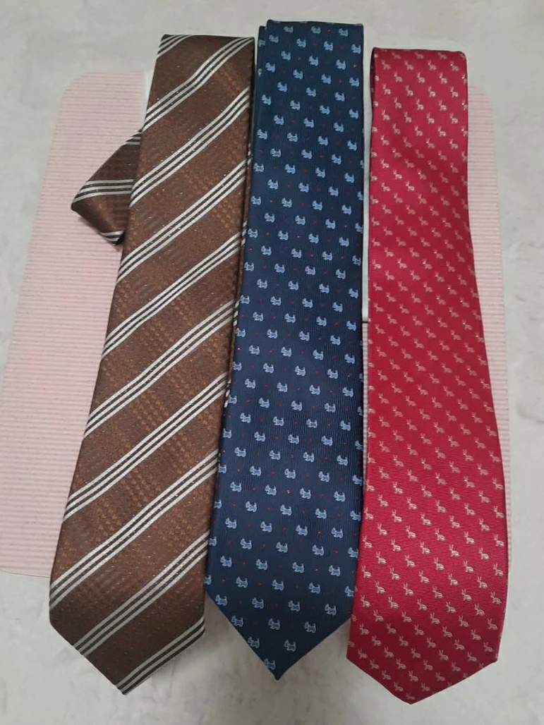 Three Men's Ties - Brown Striped, Blue Patterned, Red Patterned