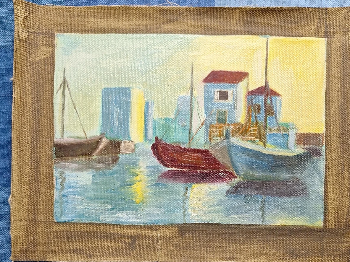 Oil Painting of Boats in Harbor