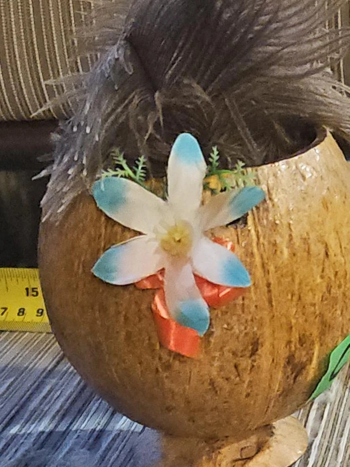 Coconut shell planter with feathers