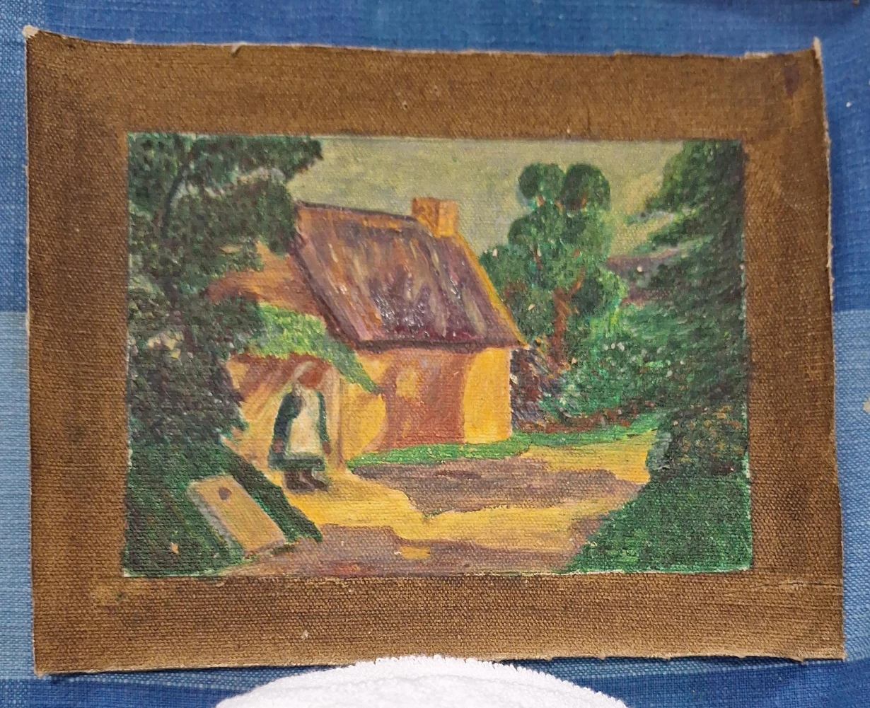 Oil Painting of a Rustic House And Trees