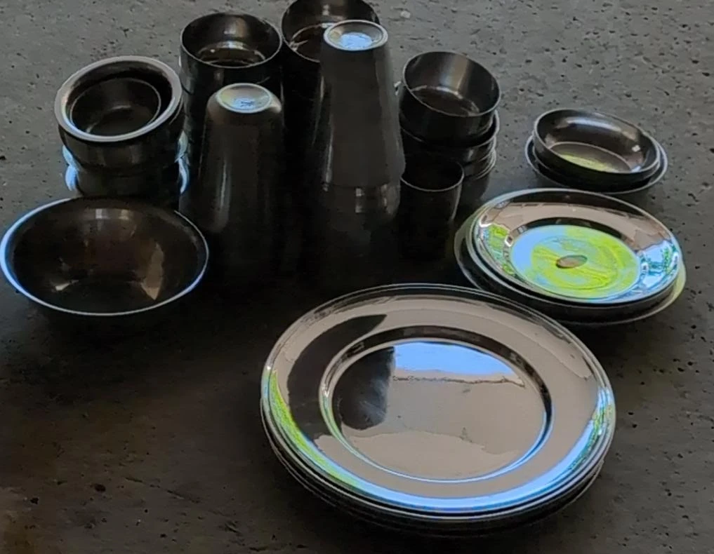 Stainless Steel Plates, Bowls, and glass