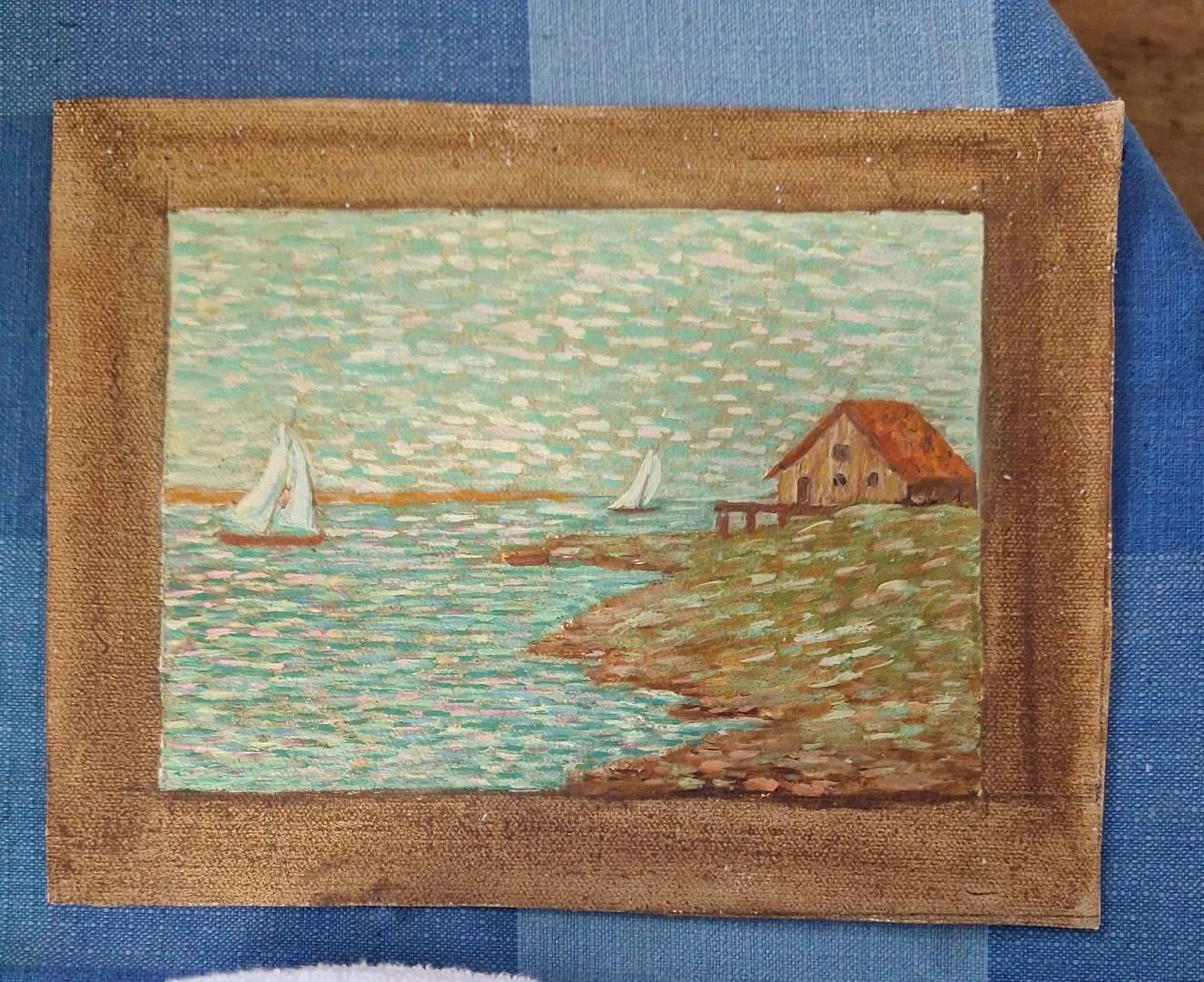 Vintage Seascape Painting with Sailboats and House