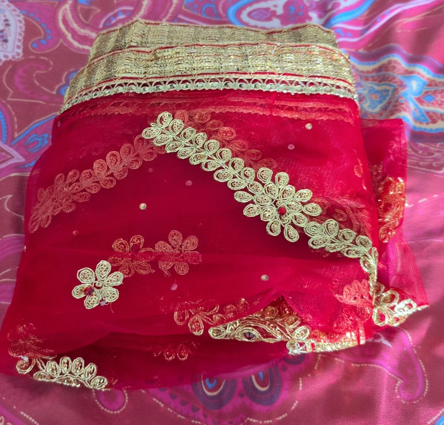 Red Dupatta with Gold Embroidery