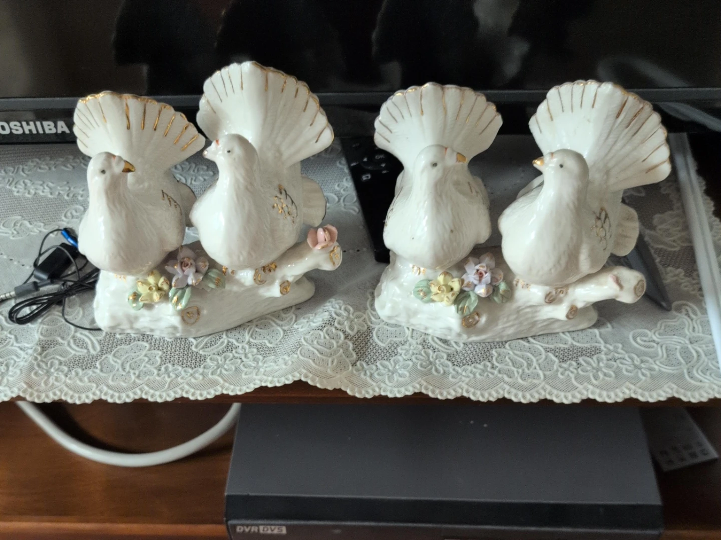 Pair of white ceramic doves figurine with gold trim
