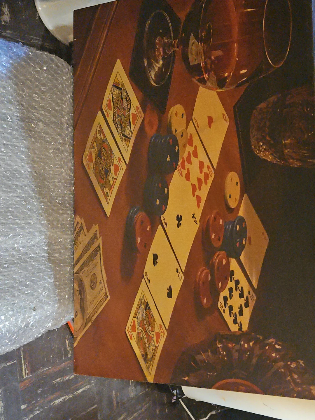 Vintage Poker Painting with Cards, Chips, and Whiskey Glass