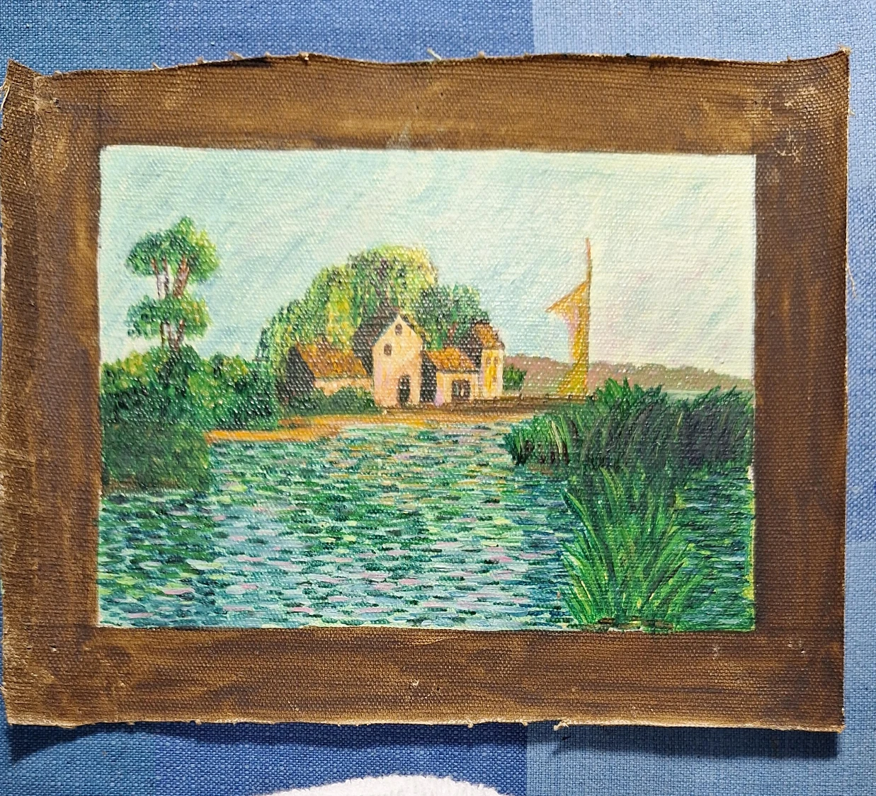 Oil Painting of a Landscape with Houses and a Windmill