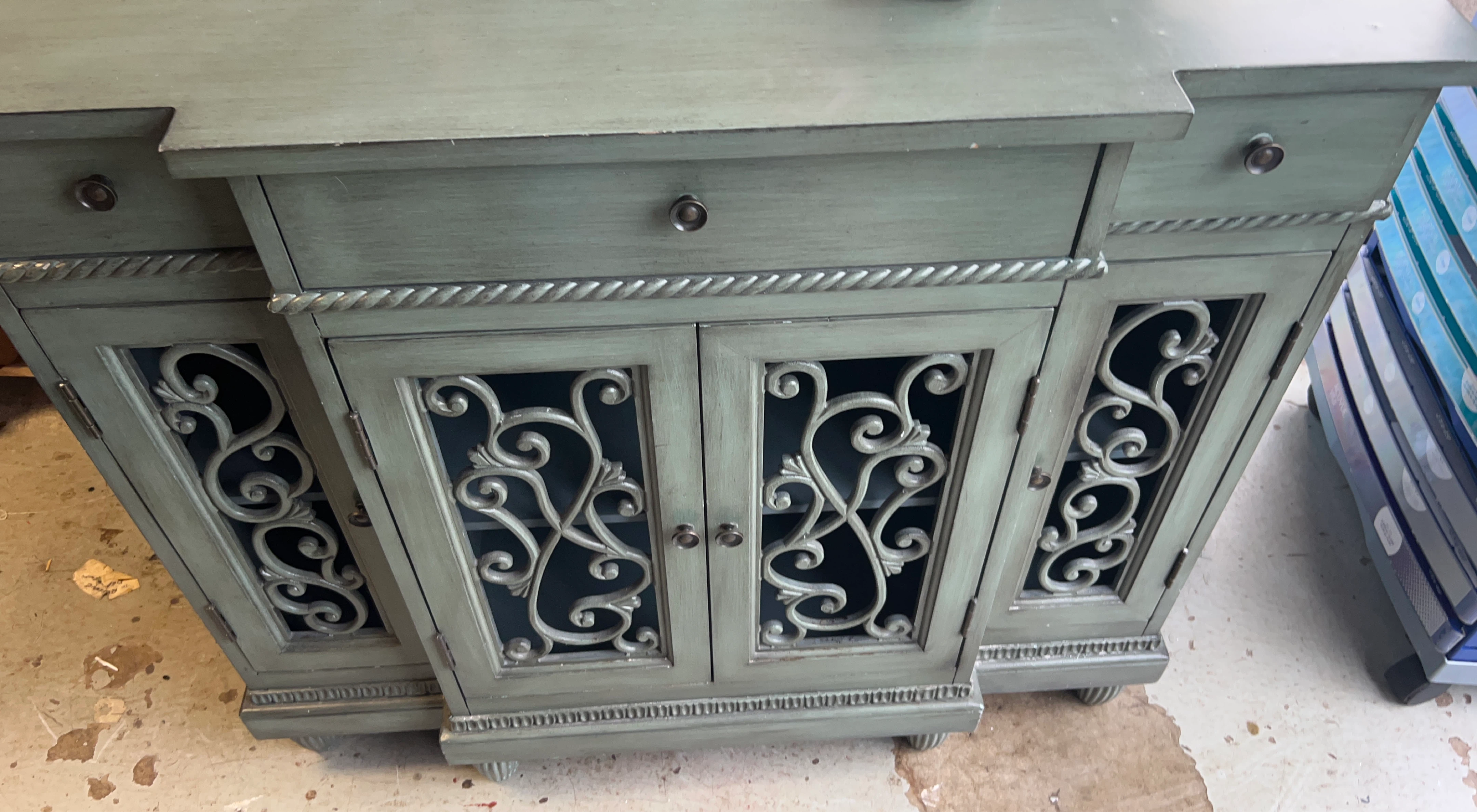 Green Vintage Style Cabinet with Ornate Doors