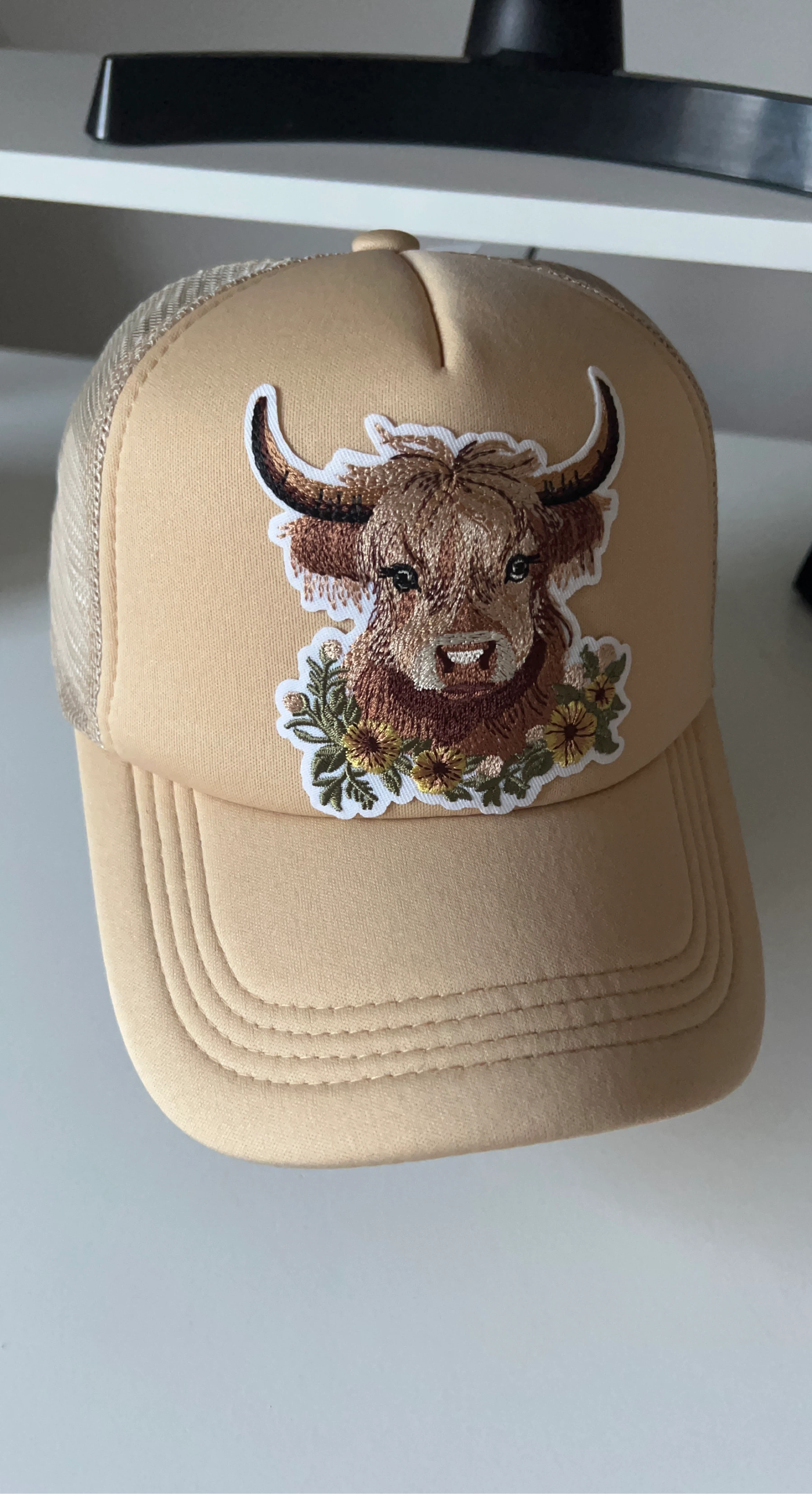 Tan Highland Cow Embroidered Trucker Hat