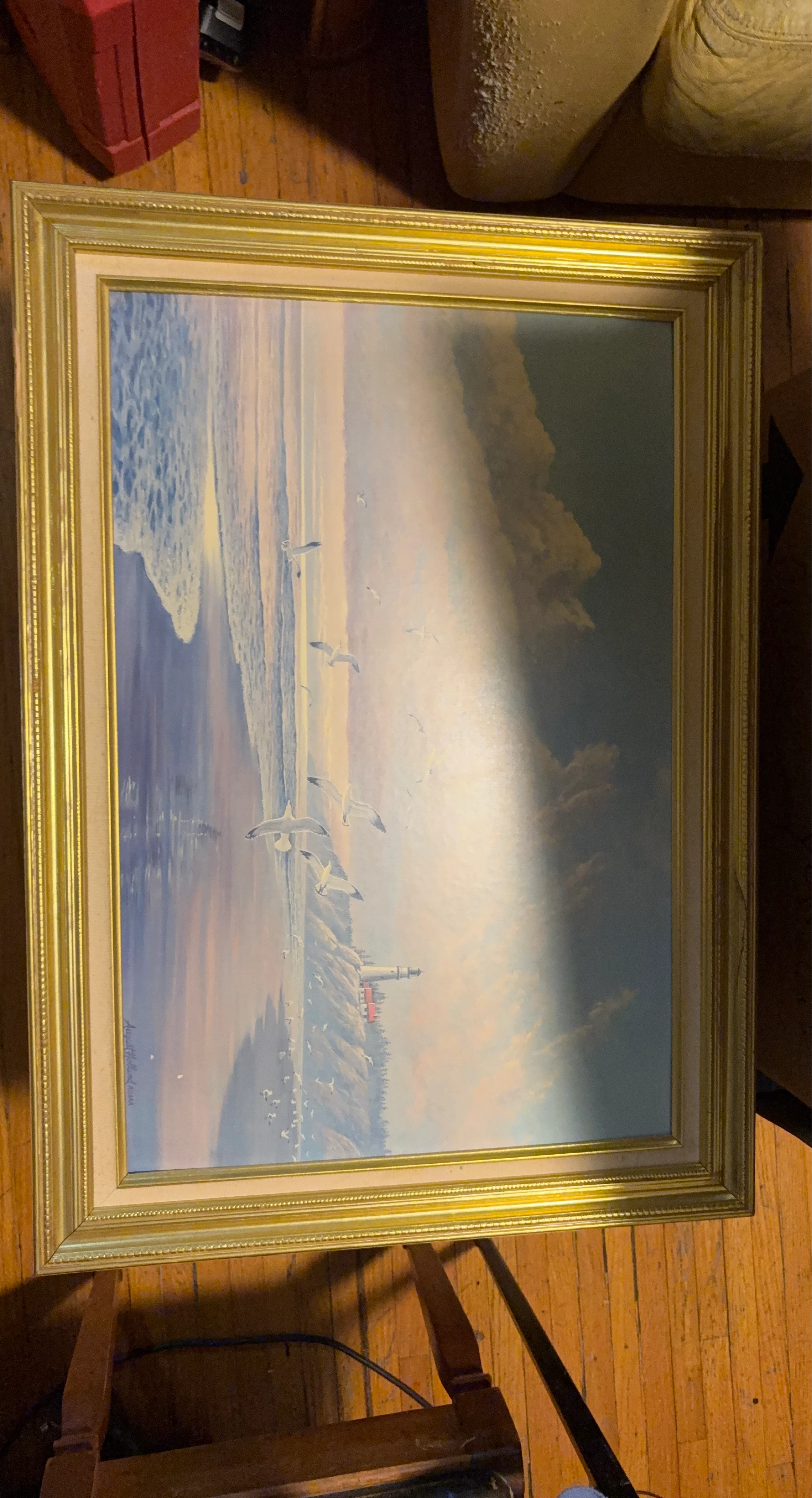 Framed Seascape Painting with Lighthouse and Seagulls