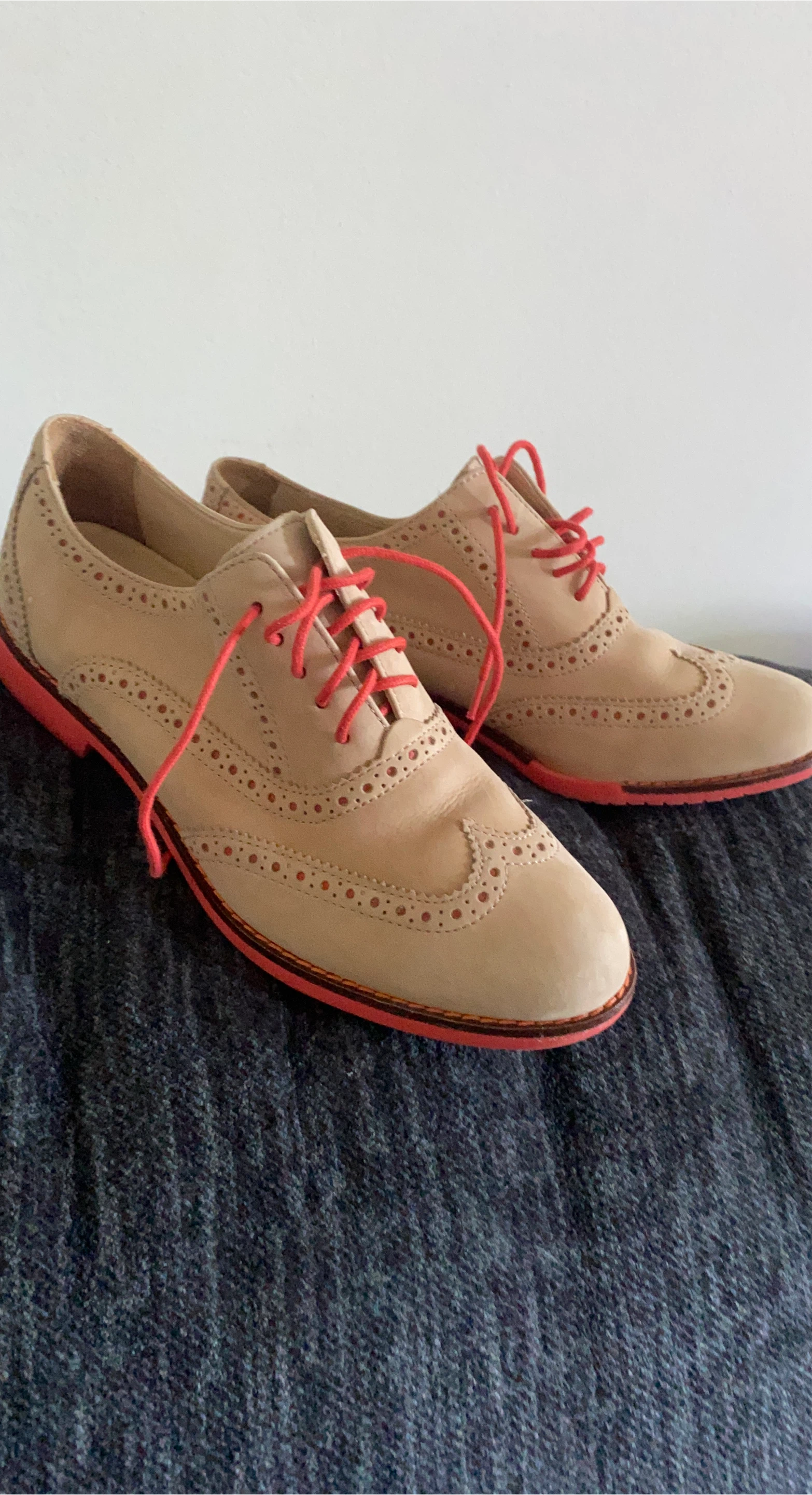 Tan Wingtip Brogue Shoes with Red Laces