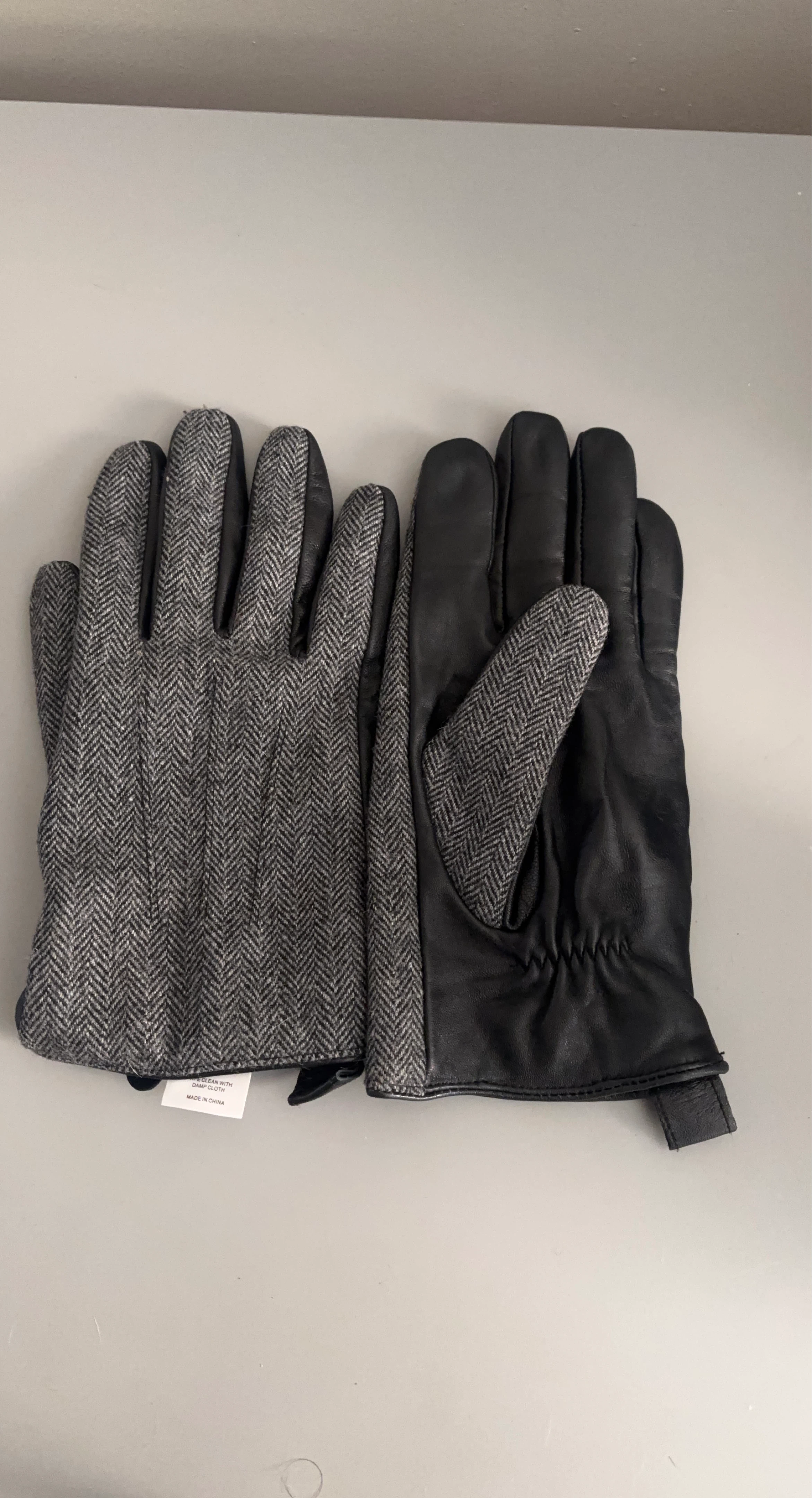 Women Herringbone Tweed & Leather Gloves Size M
