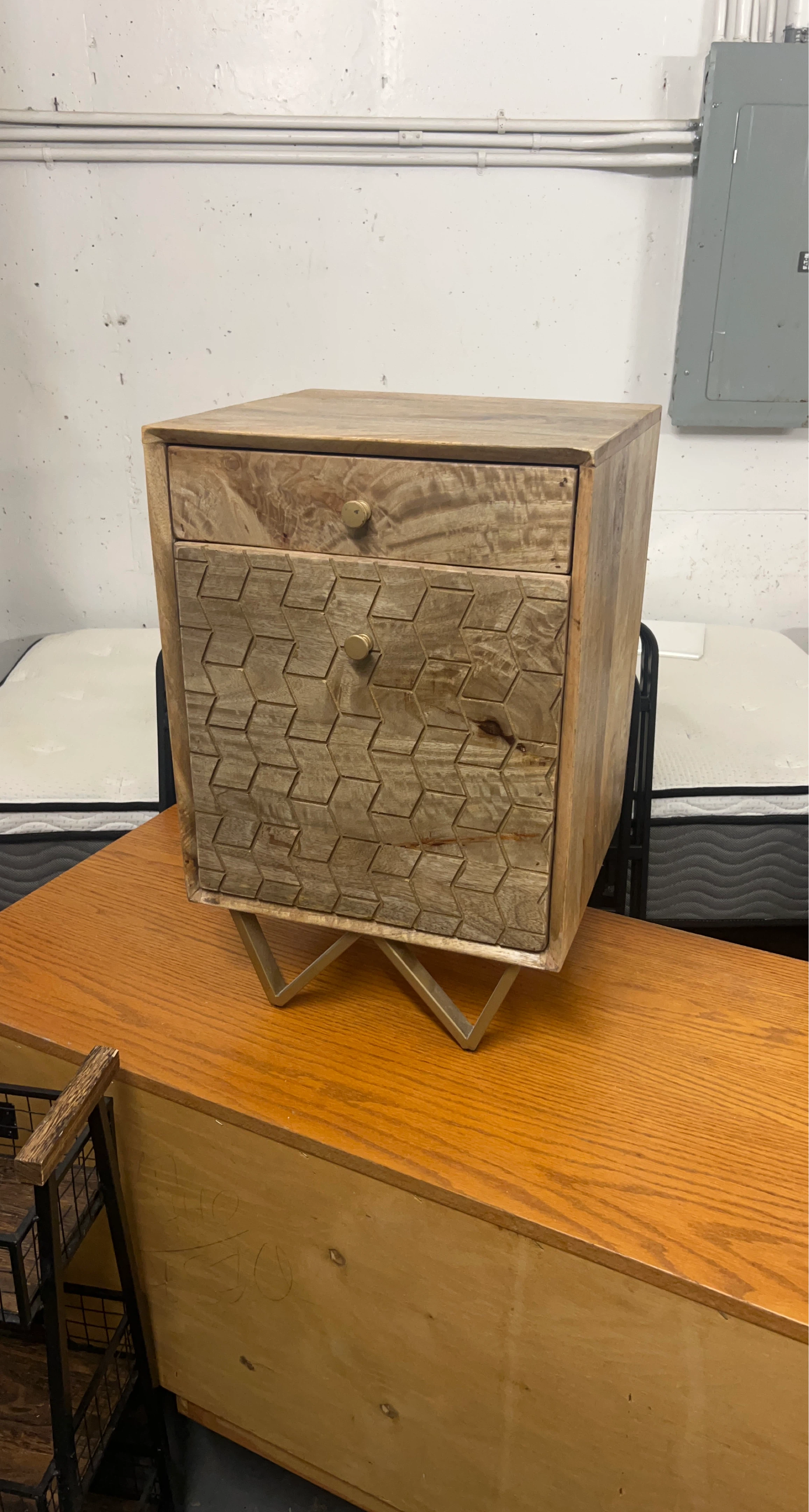 Wooden Nightstand with Geometric Design
