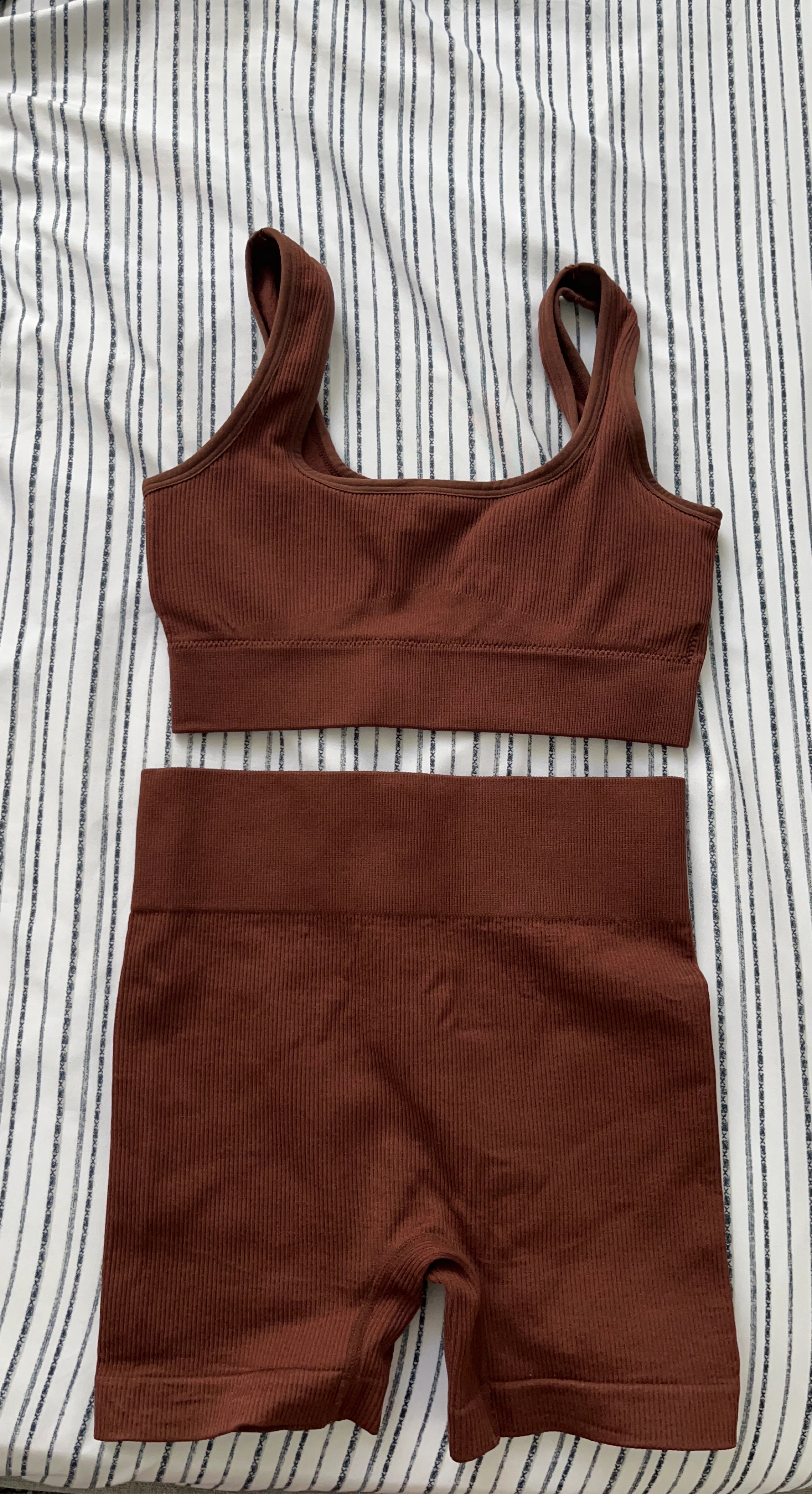 Brown Ribbed Sports Bra and Shorts Set