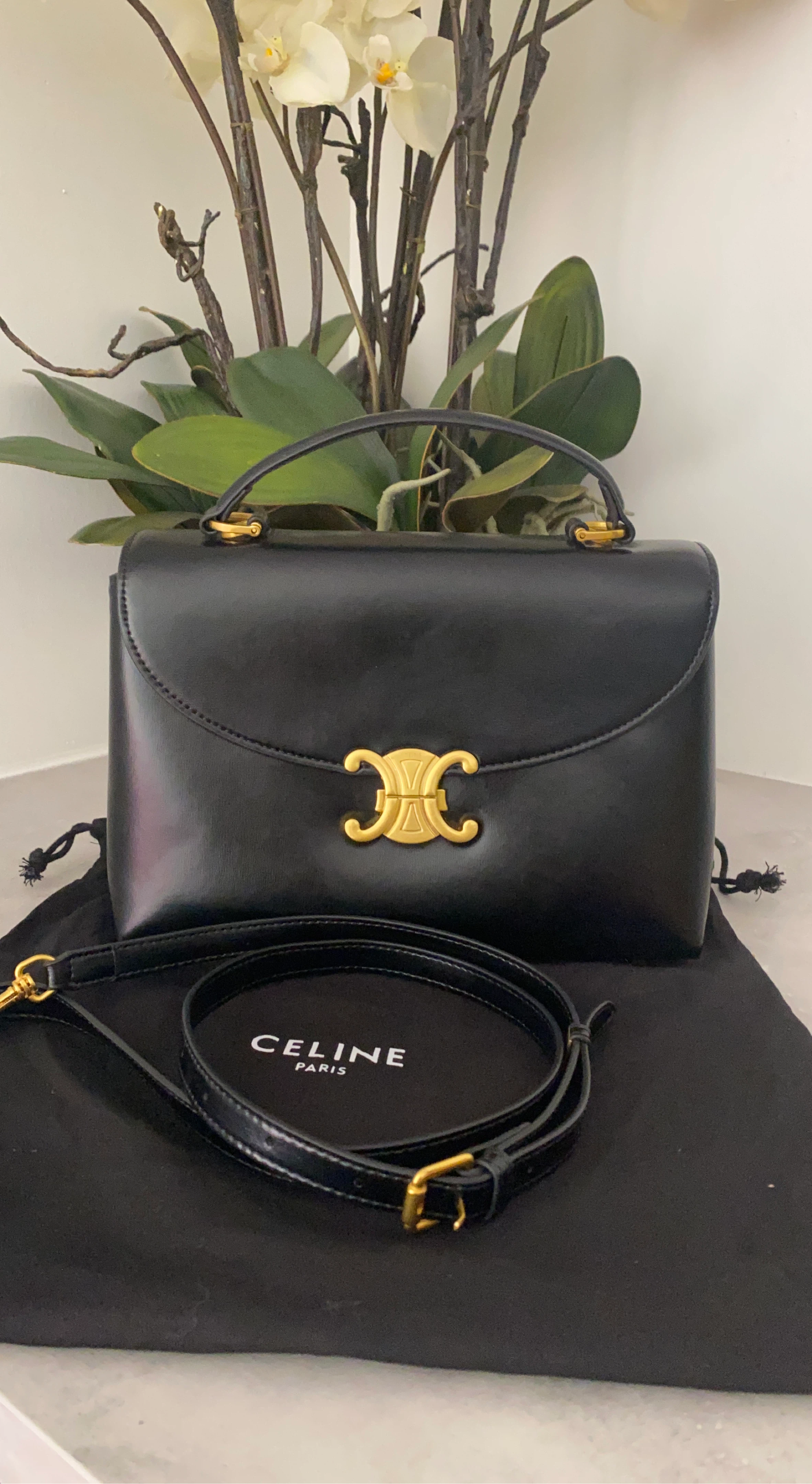 Celine Black Leather Triomphe Handbag
