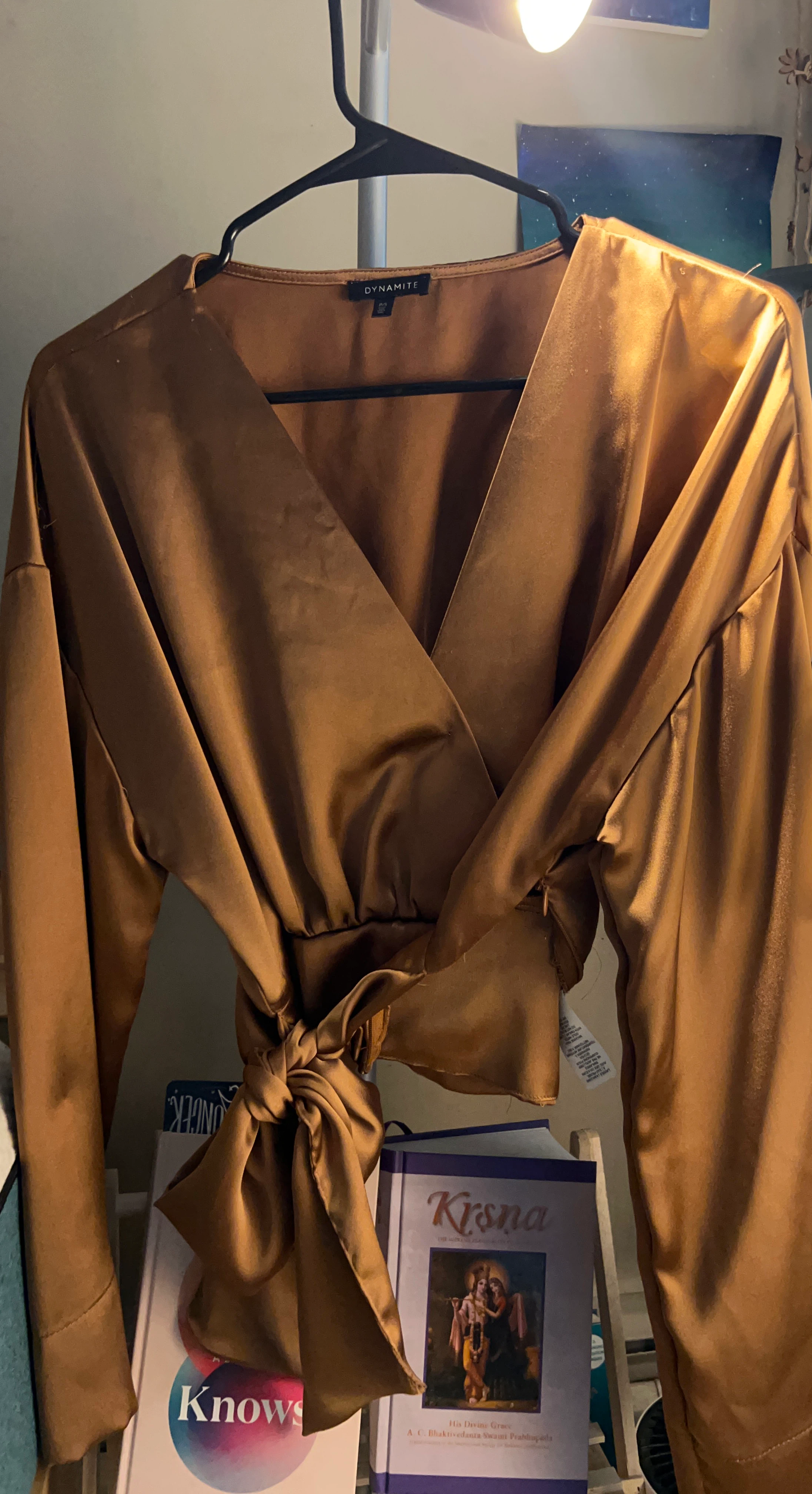 DYNAMITE Bronze Satin Wrap Top