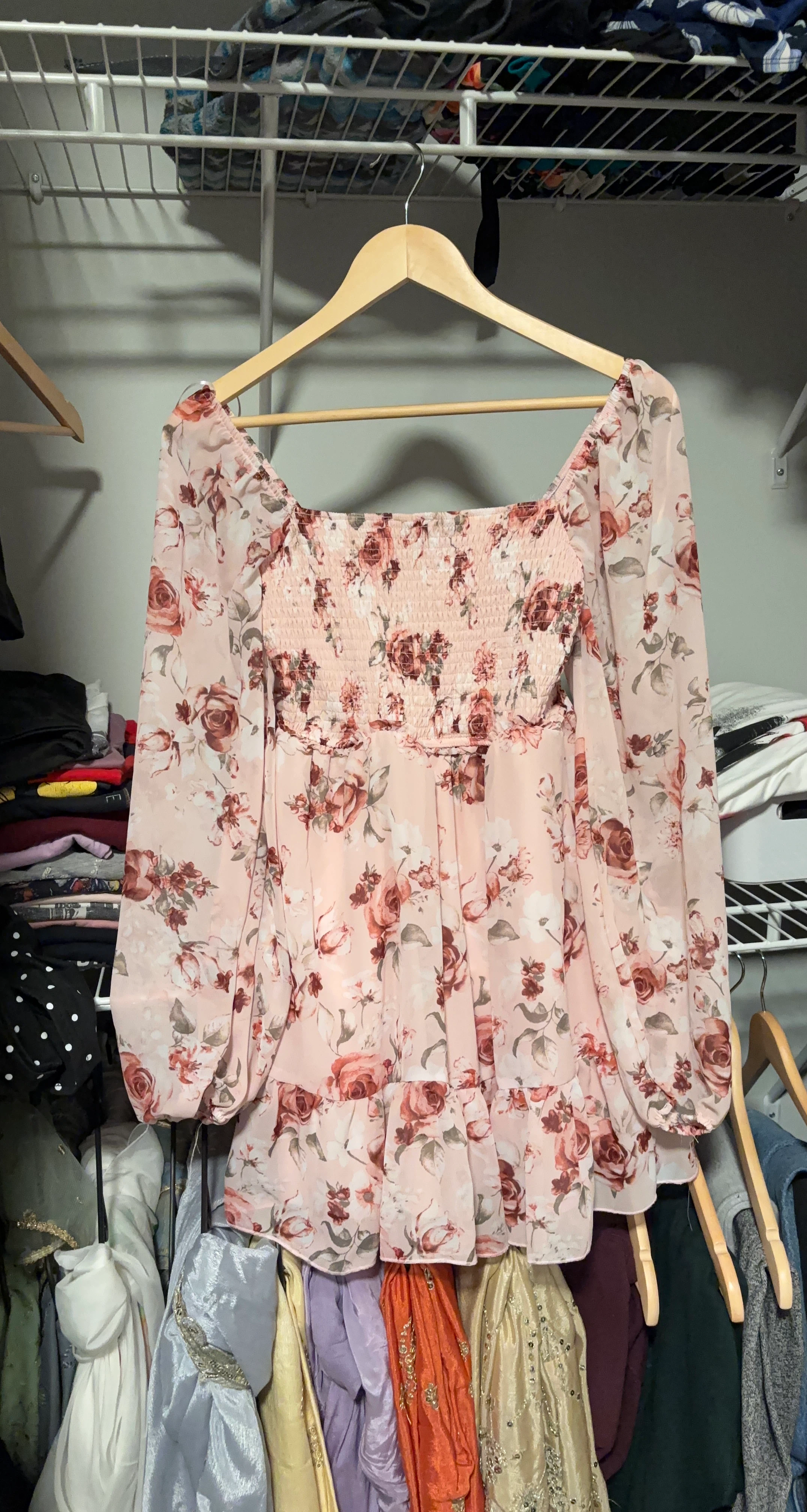 Pink Floral Smocked Square Short Dress