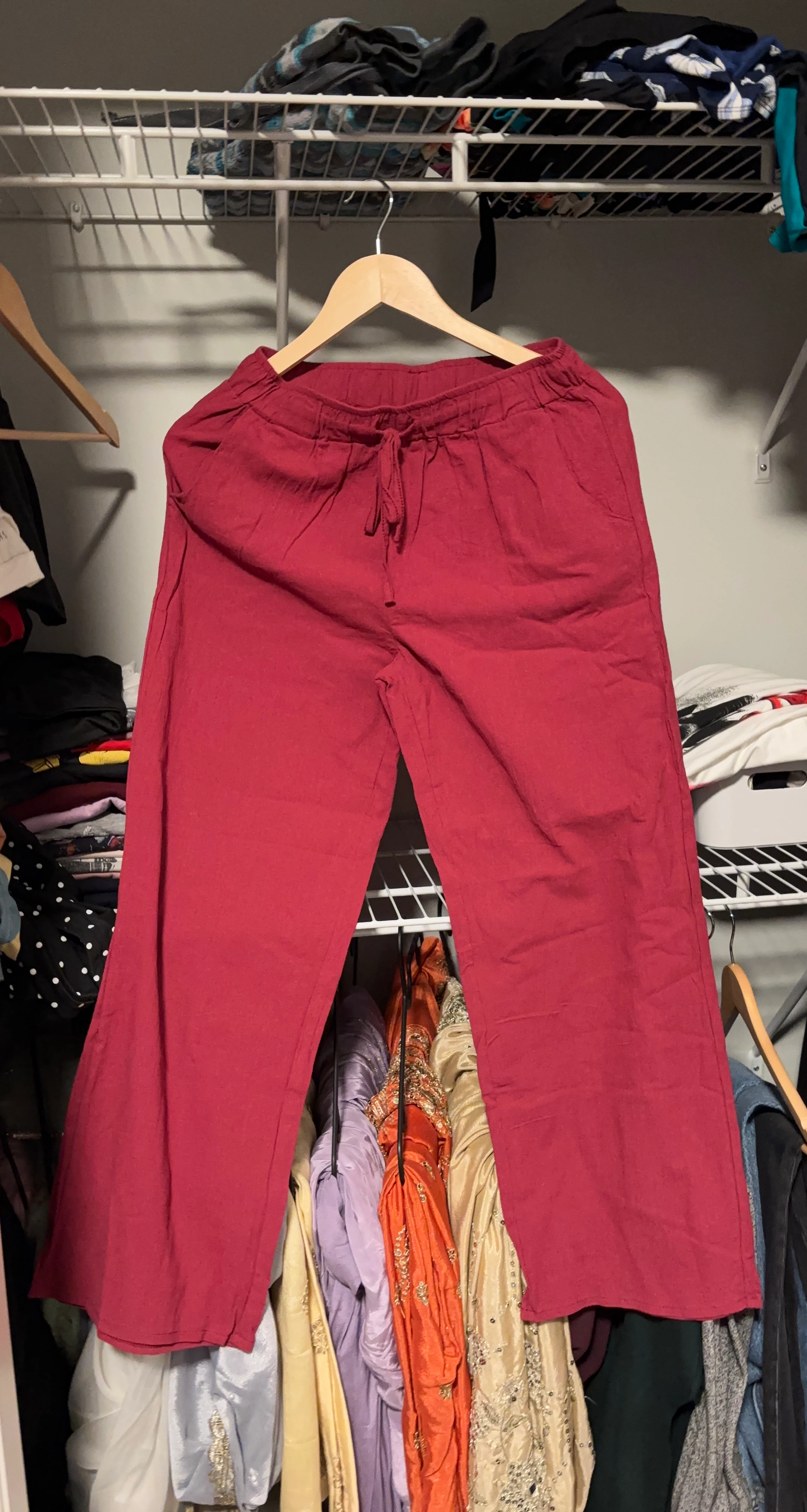 Women's Red Linen Blend Drawstring Pants