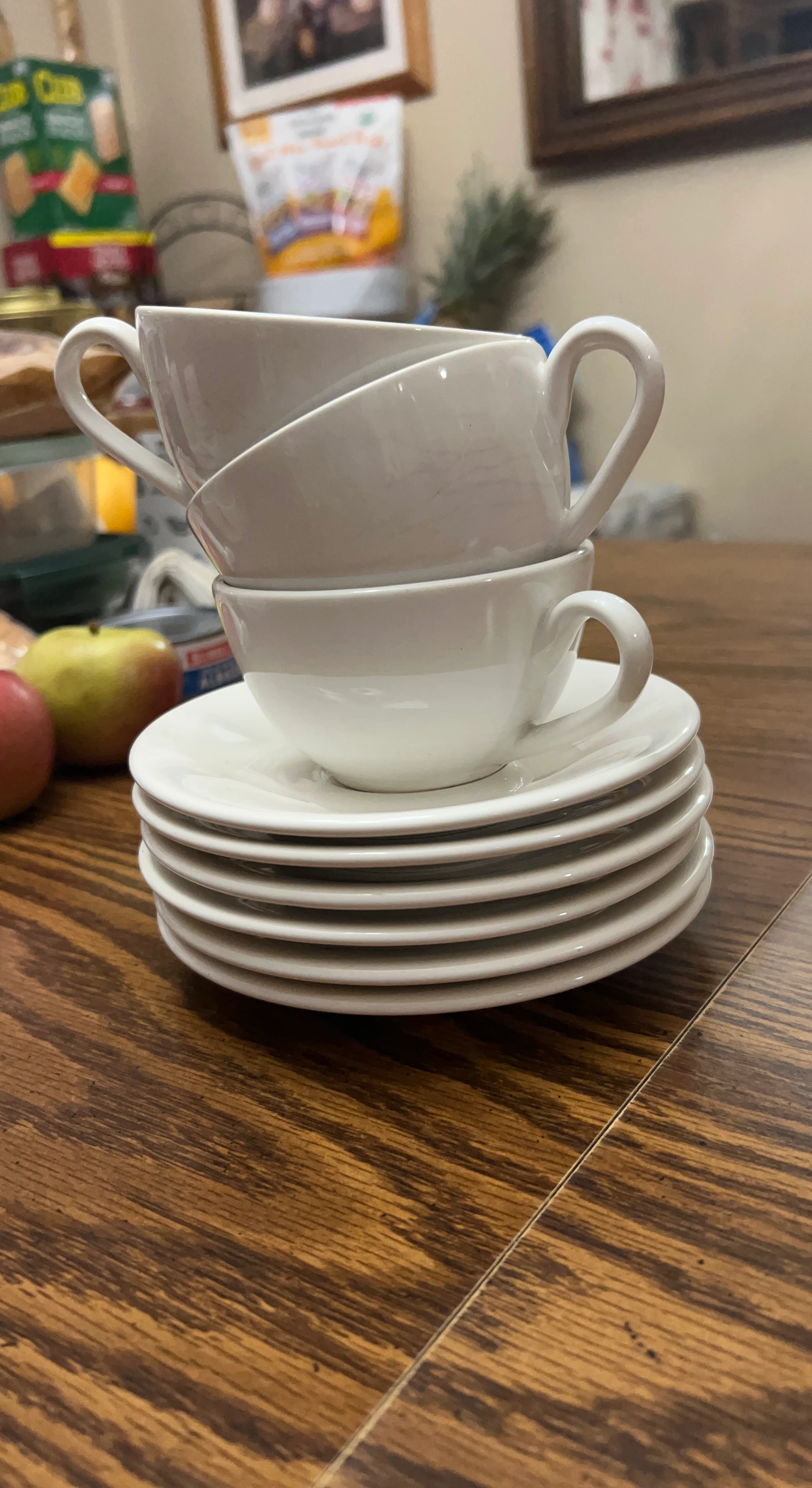 Set of 3 White Ceramic Coffee Cups and 6 Saucers
