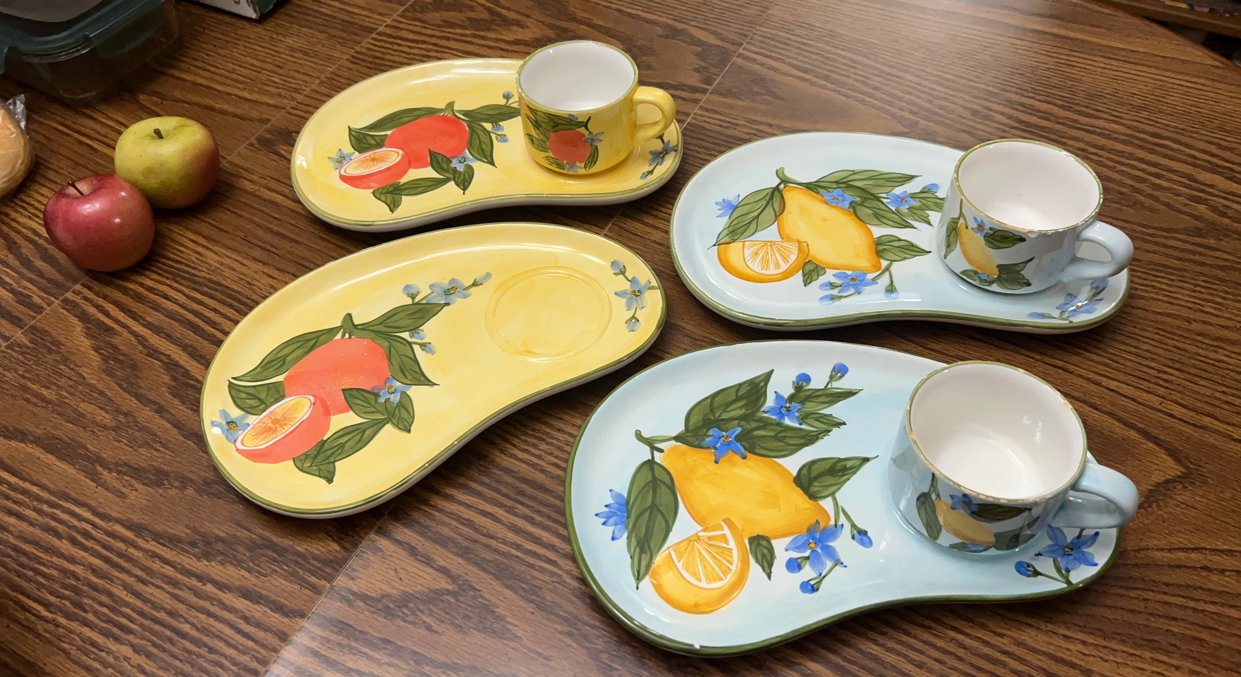 Set of 4 Ceramic breakfast or dessert Plates with (3) Cups