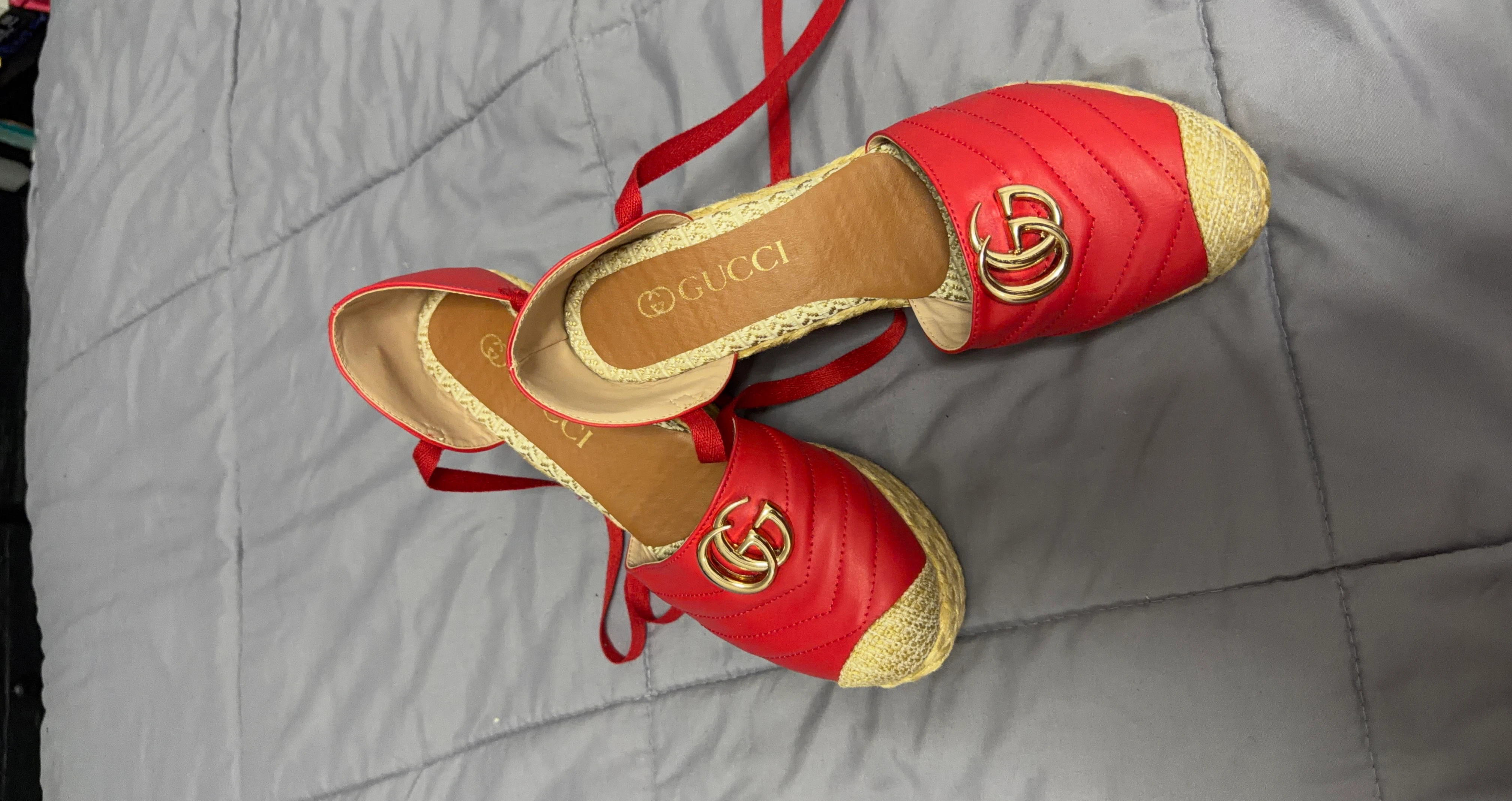 Gucci Red Espadrille Wedge Sandals