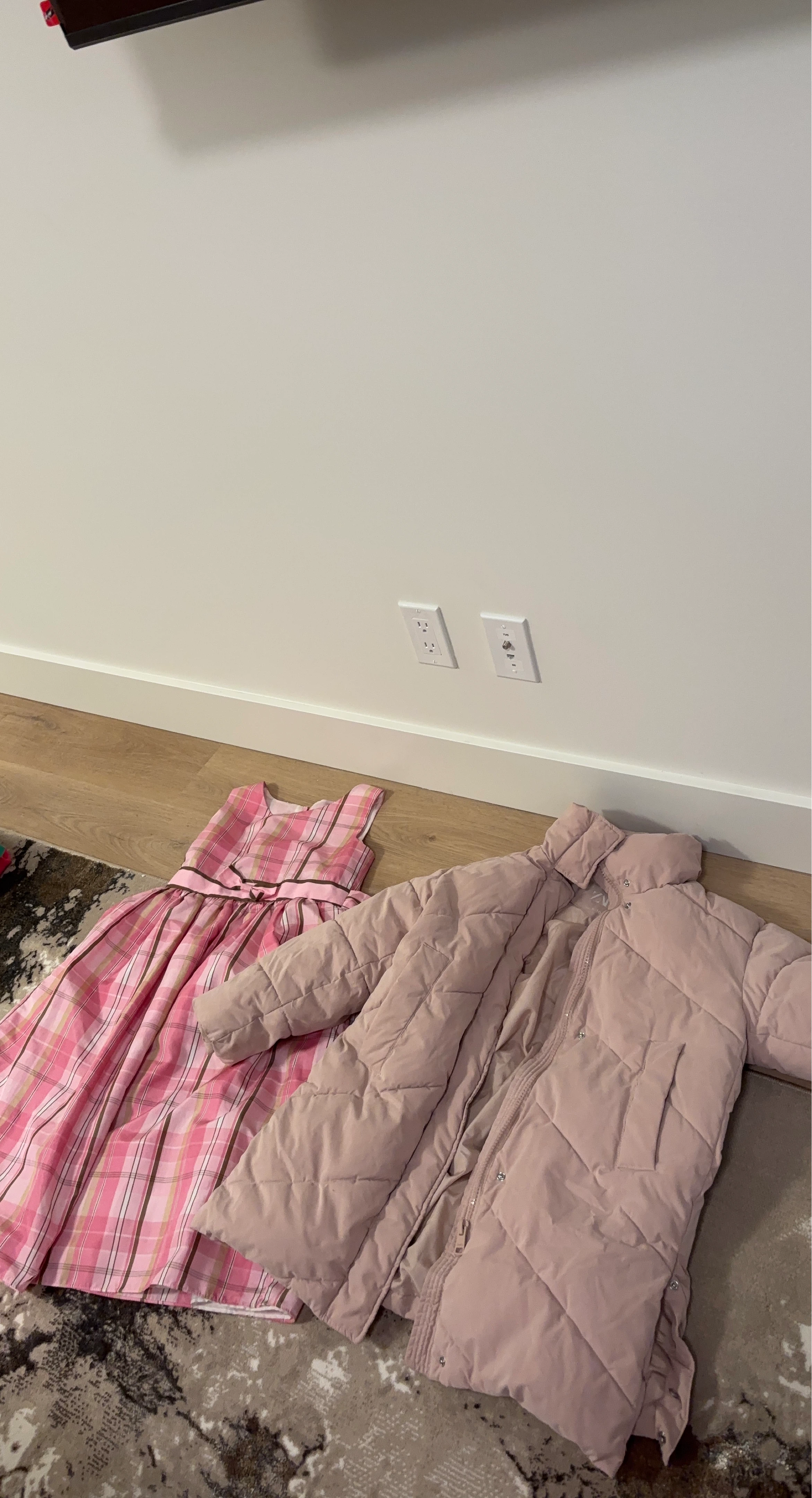 Pink Puffer Coat and Plaid Dress