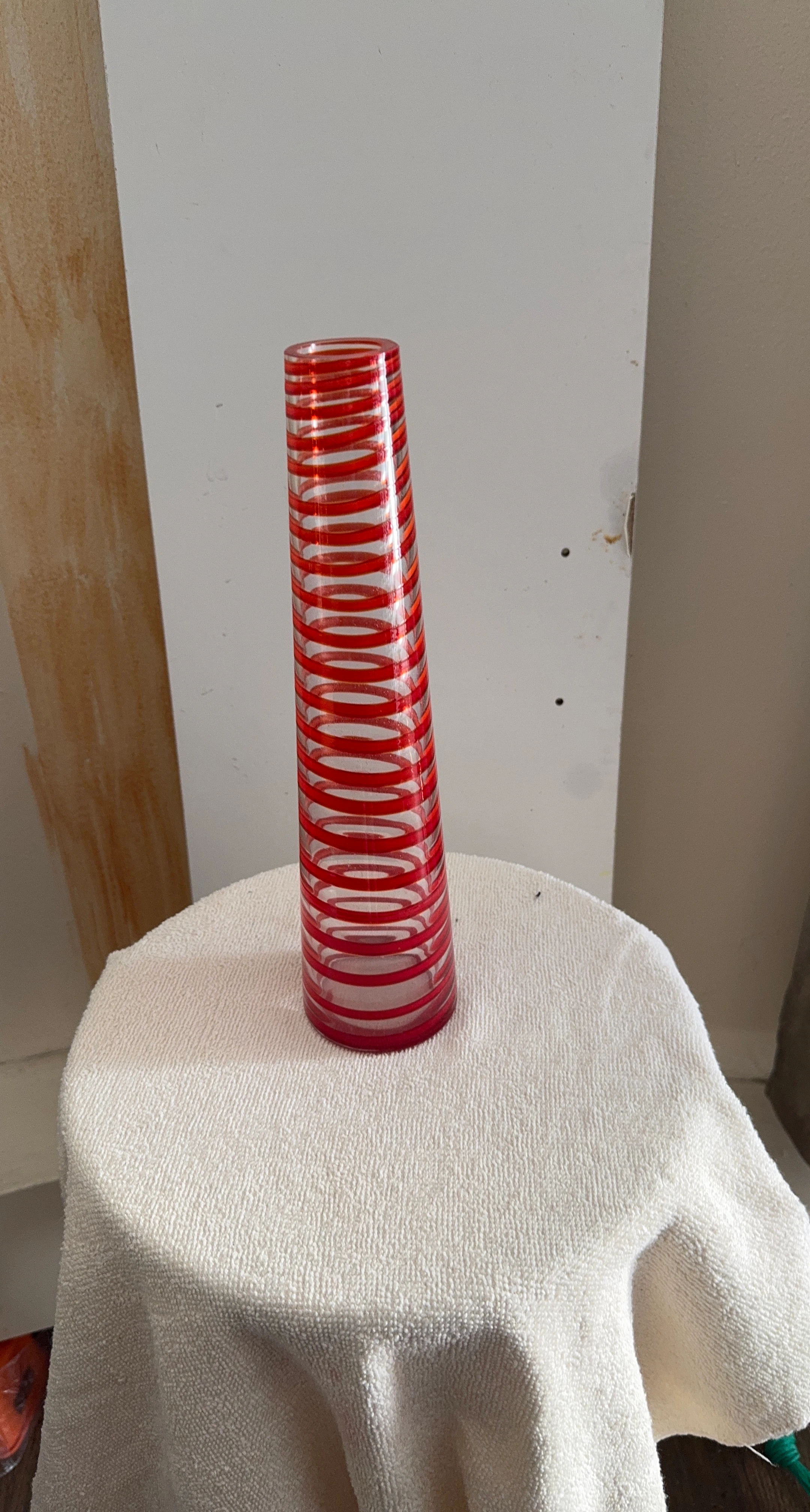 Tall Red Striped Glass Vase