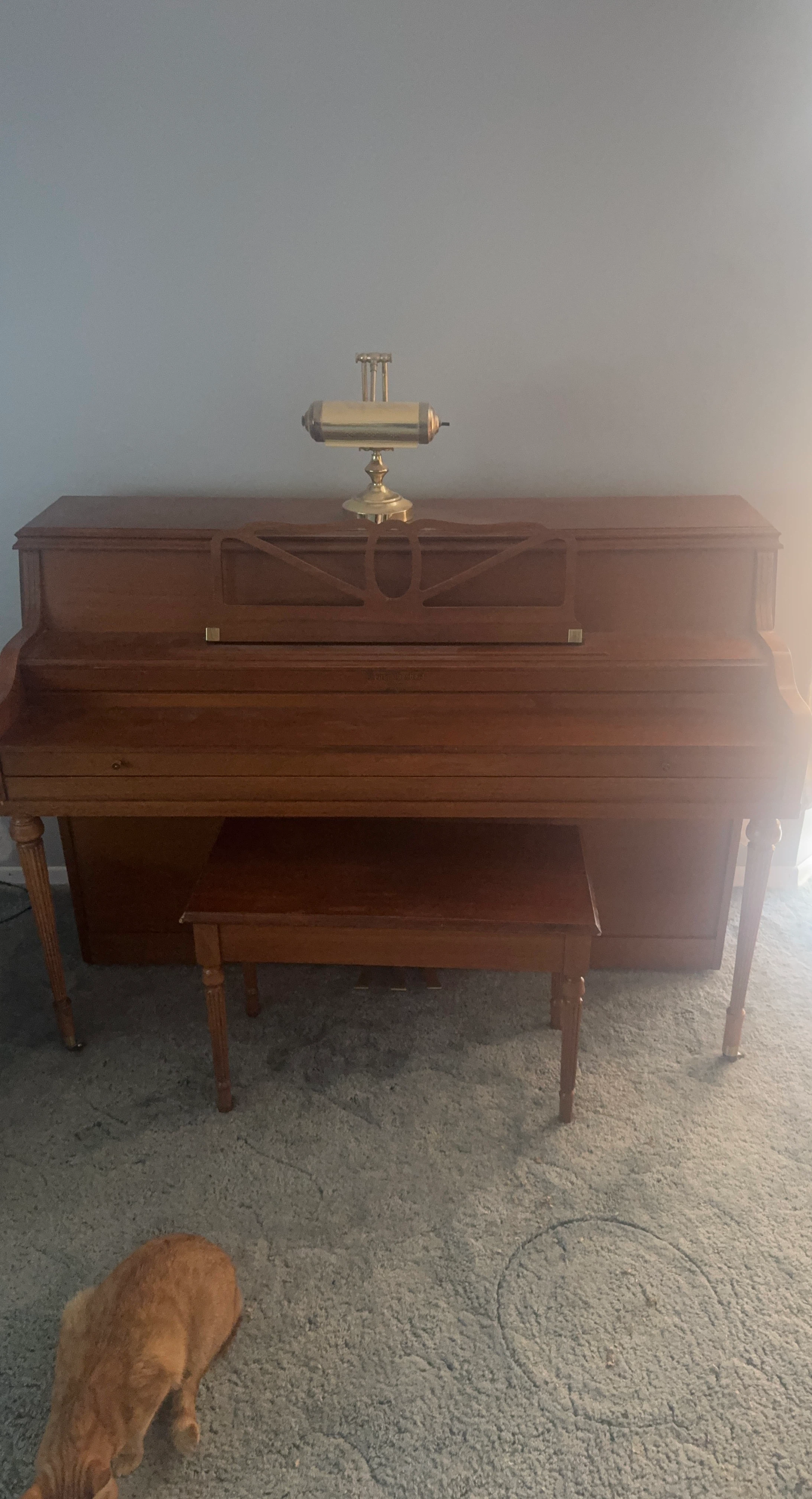 Upright Piano with Bench and Lamp