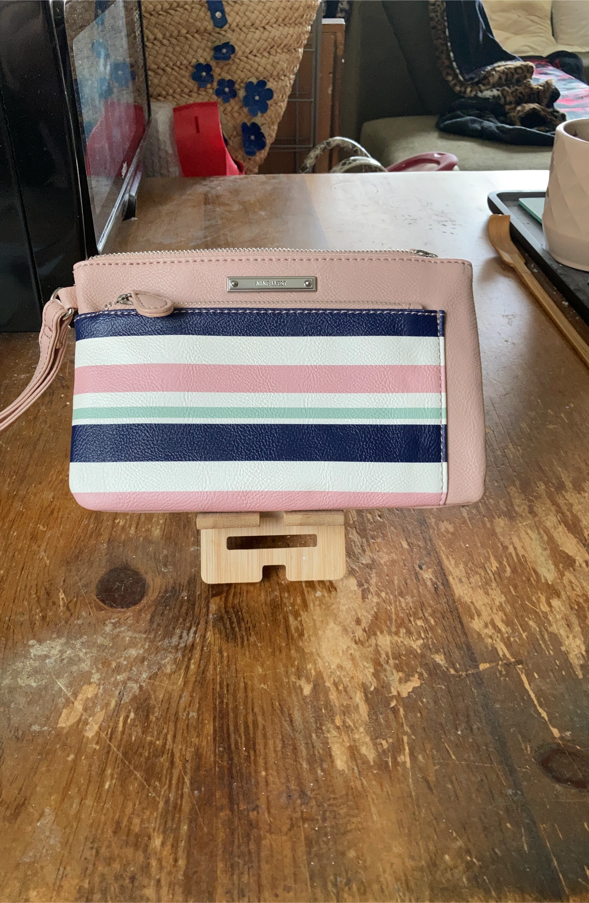 Nine West Pink Wristlet Clutch with Striped Front Pocket