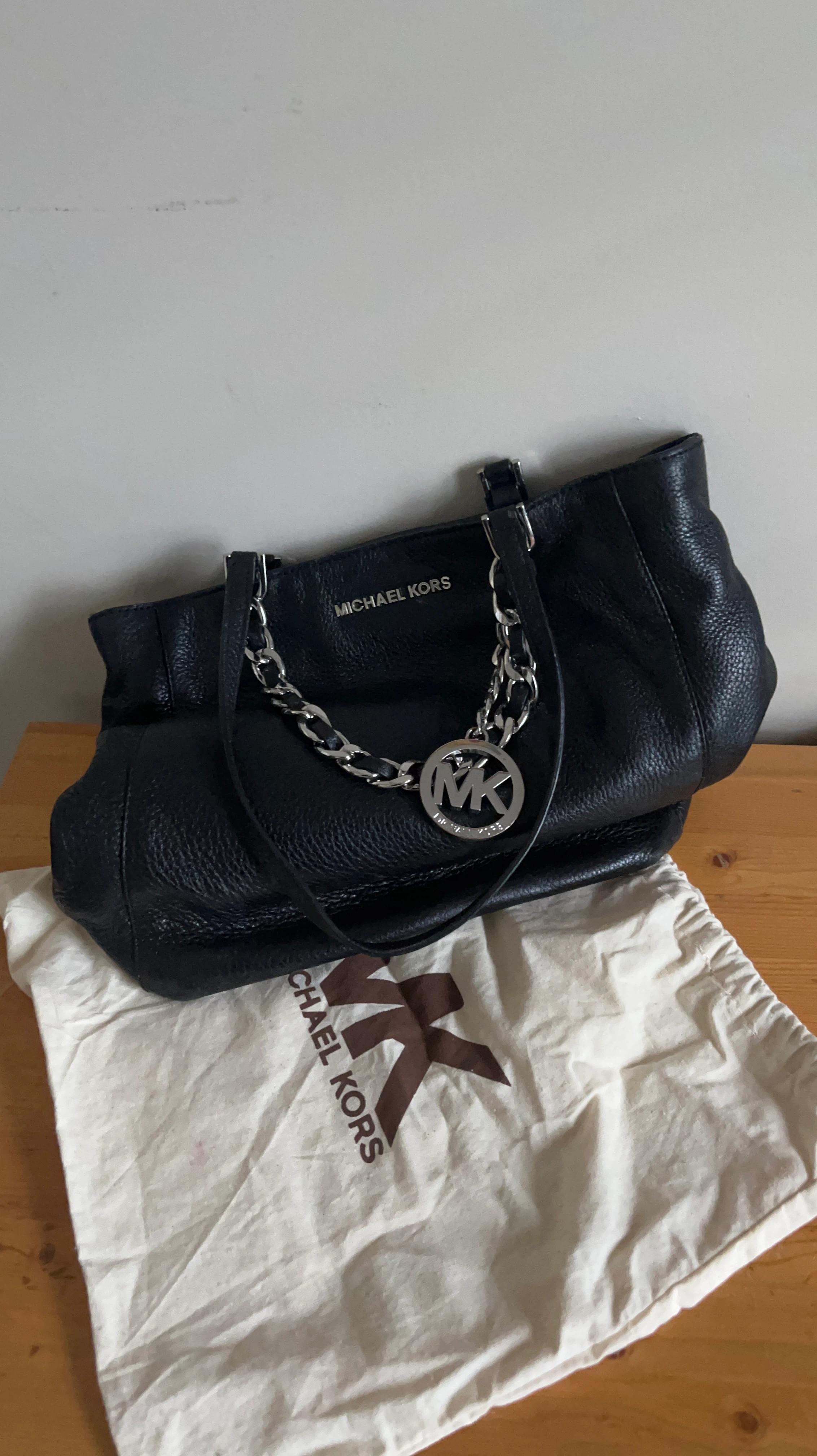 Michael Kors Black Leather Tote Bag with Chain Detail
