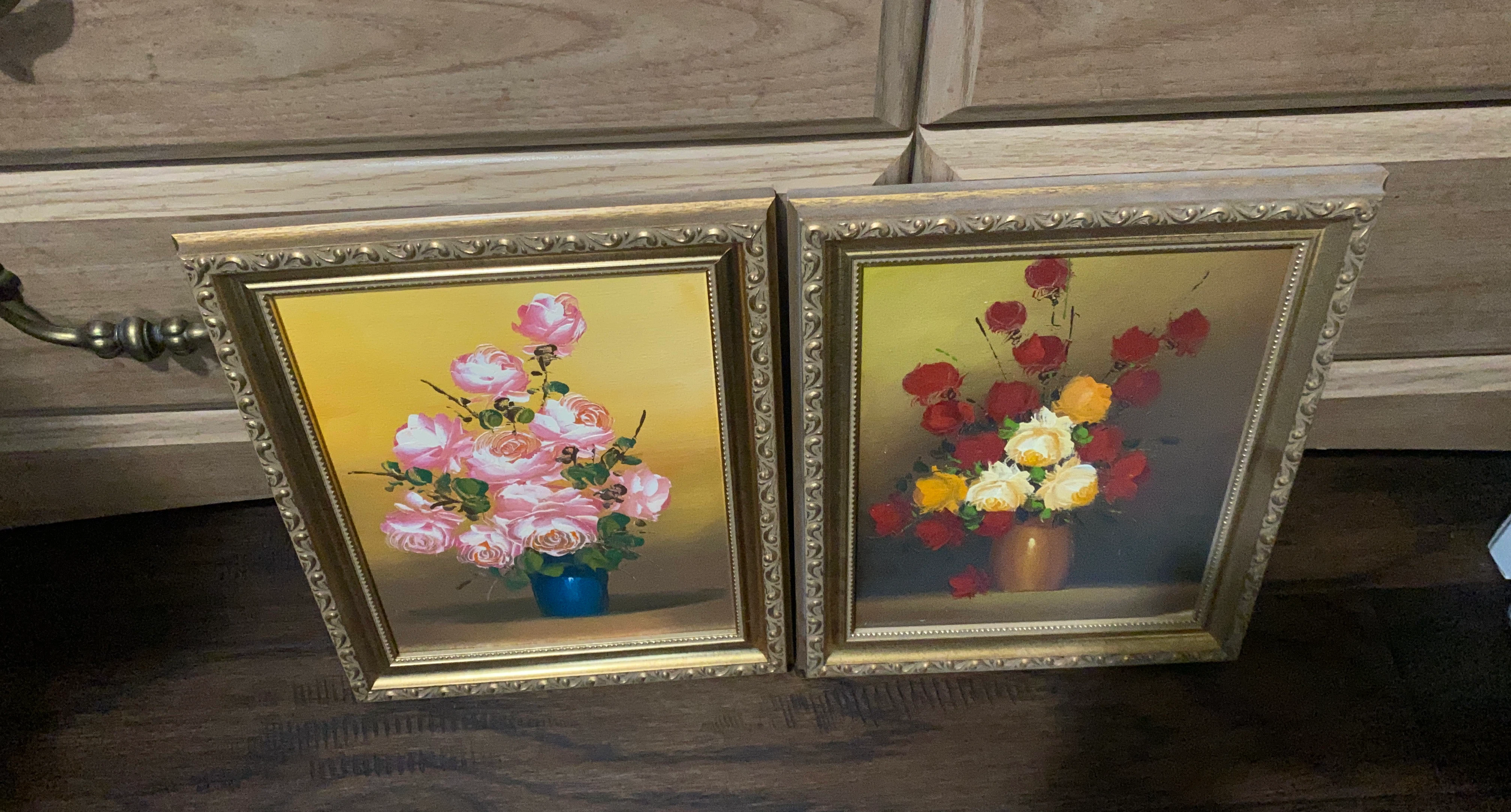 Vintage Framed Floral Paintings (Set of 2)