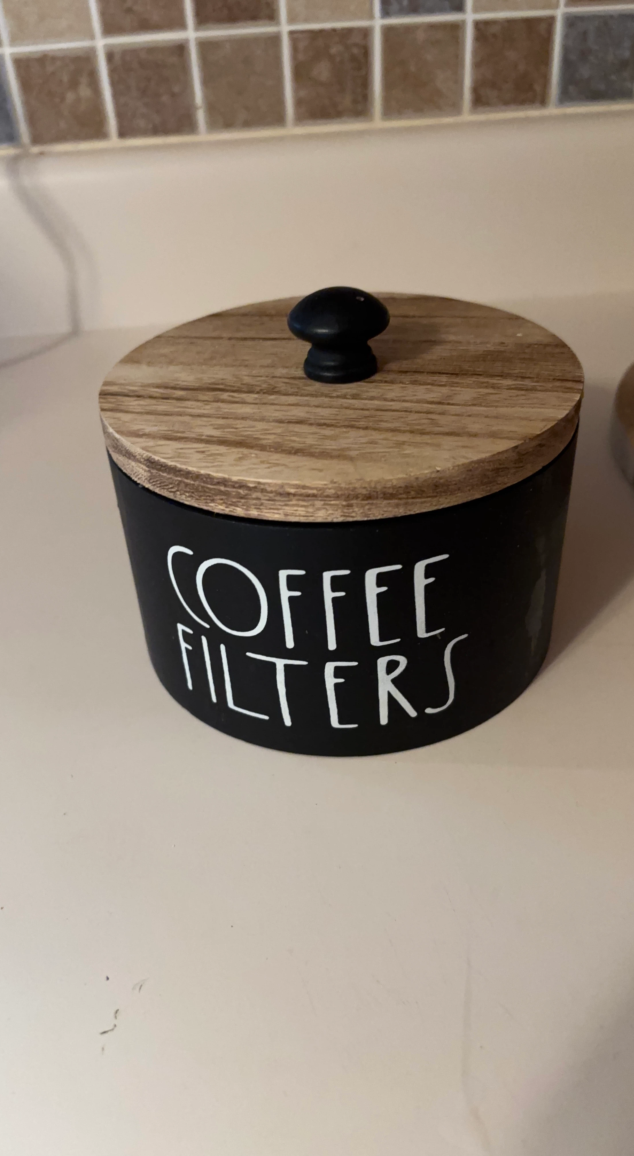 Black "Coffee Filters" Canister with Wood Lid