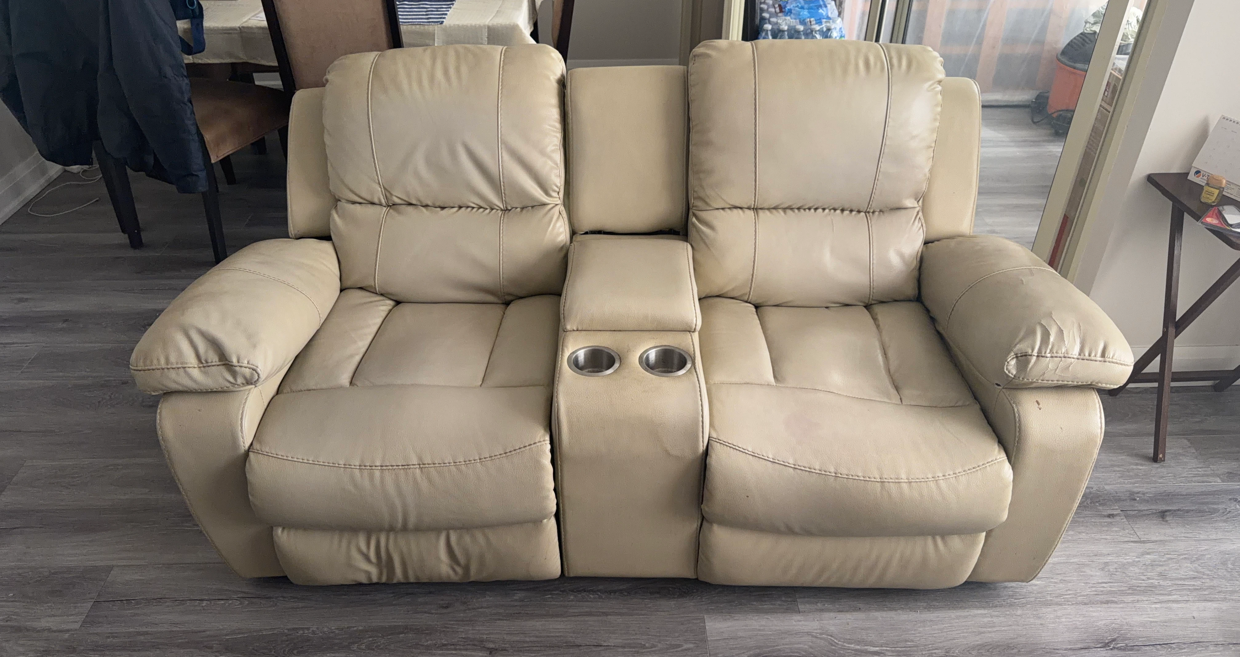 Cream Faux Leather Loveseat Recliner with Cup Holders