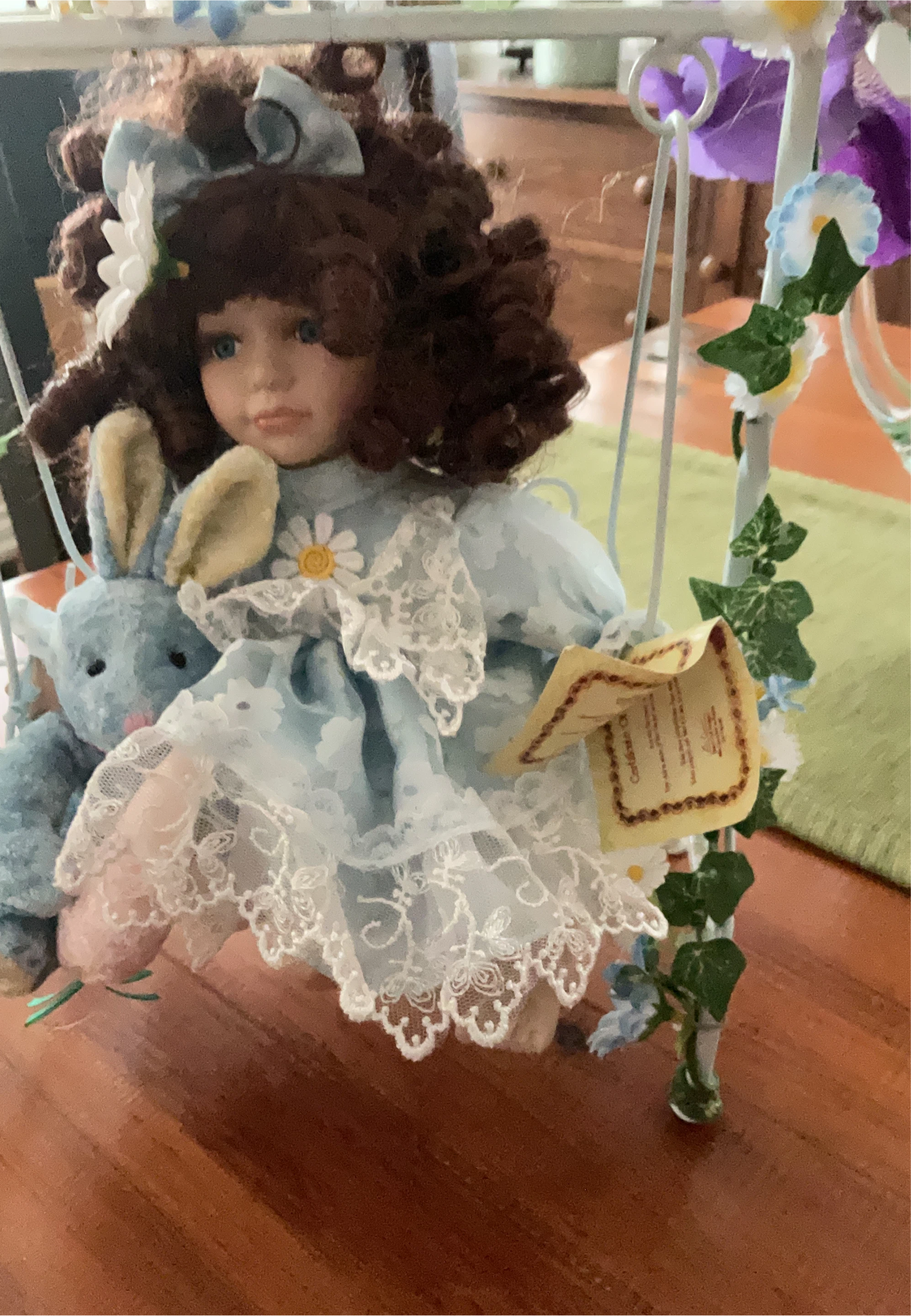 Collector Doll on Swing with Bunny