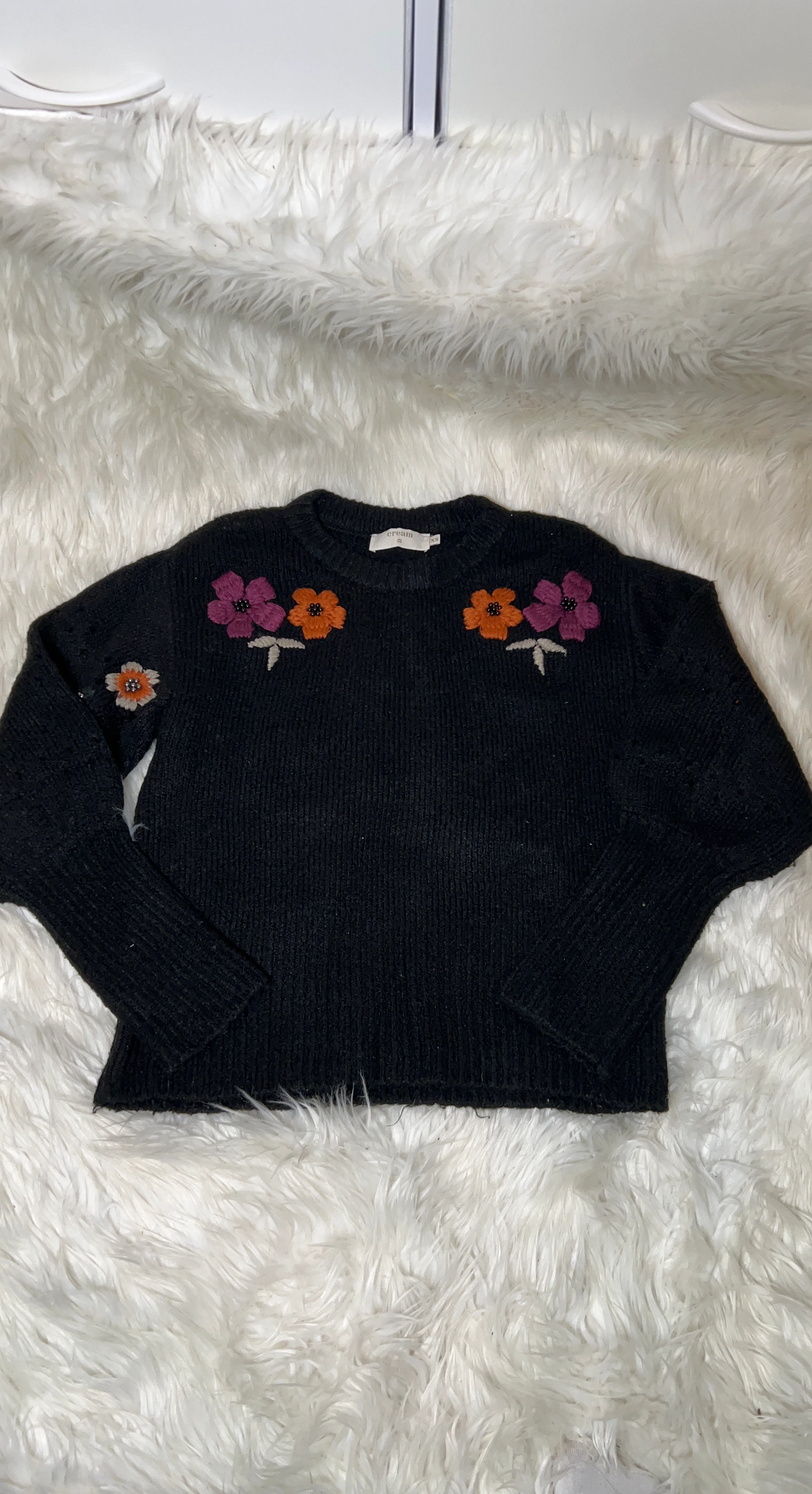 Cream Black Embroidered Floral Sweater