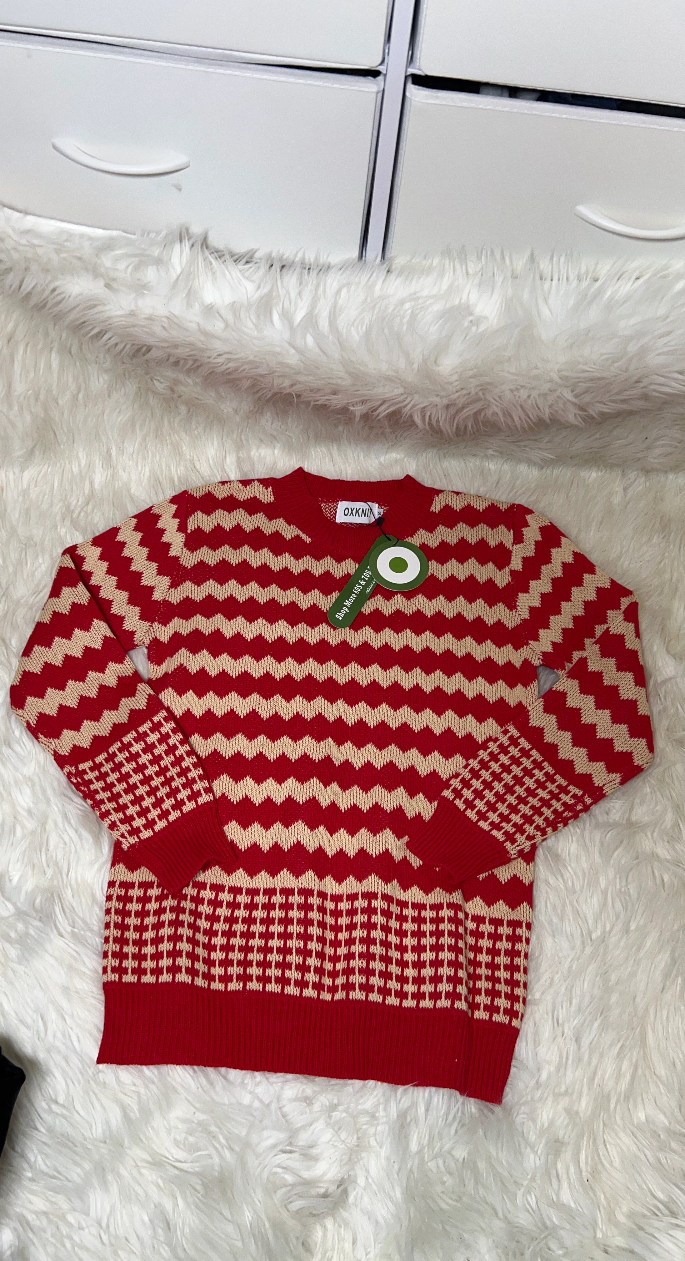 OXKNIT Red & Cream Chevron Sweater