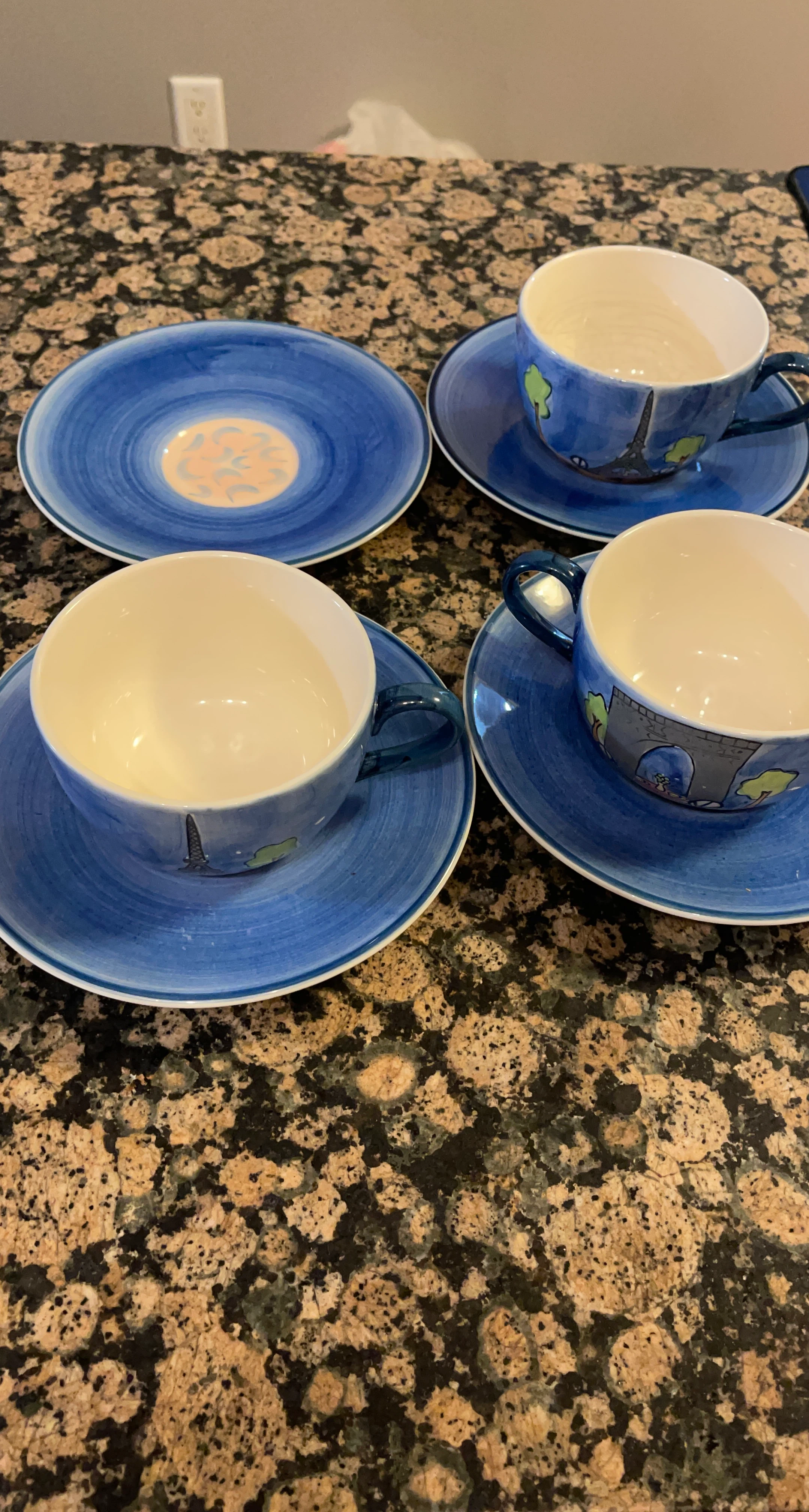 Set of 3 Blue Parisian Scene Teacups and Saucers