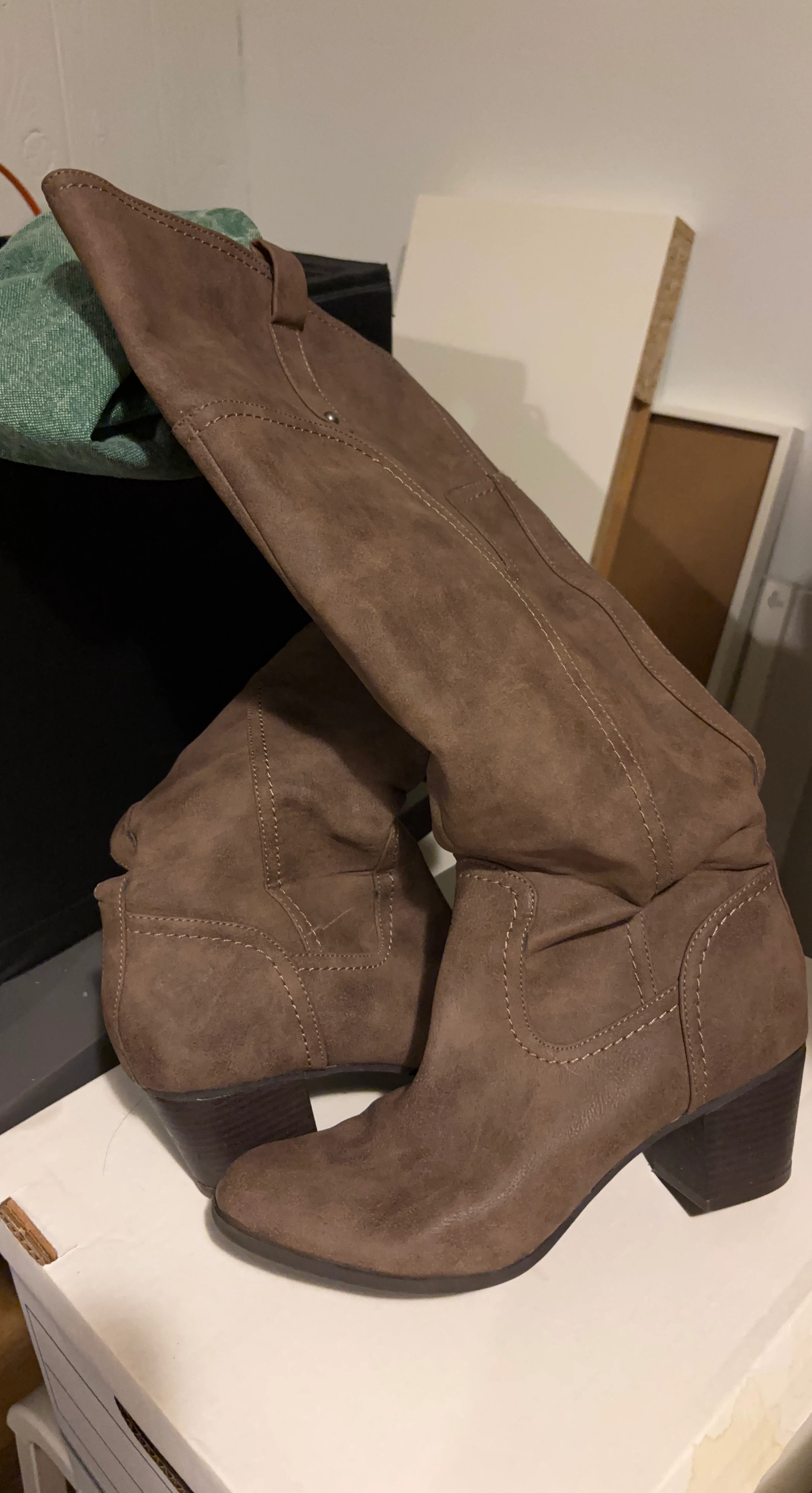 Brown Faux Suede Knee-High Boots