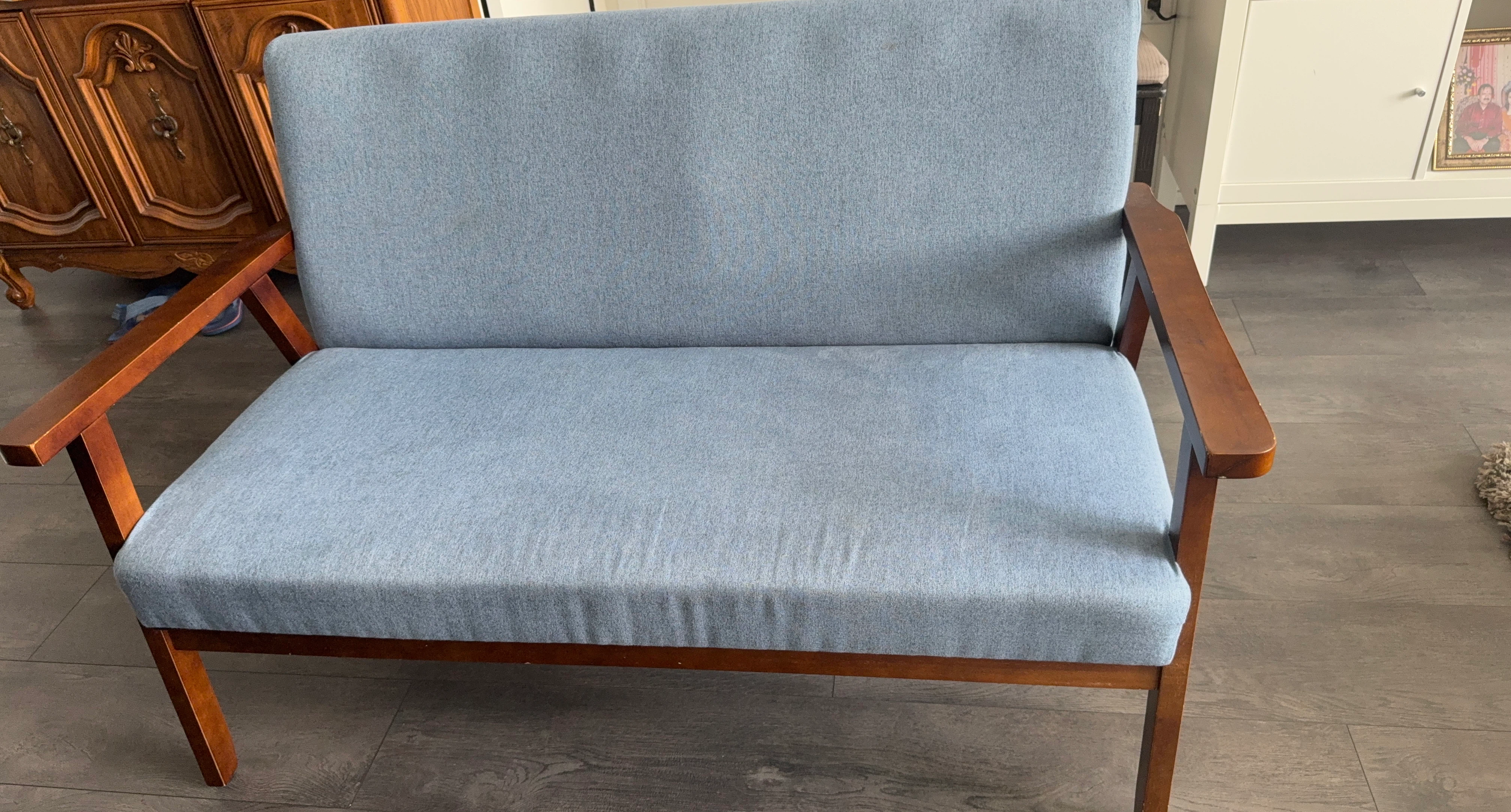 Blue Upholstered Loveseat with Wooden Frame