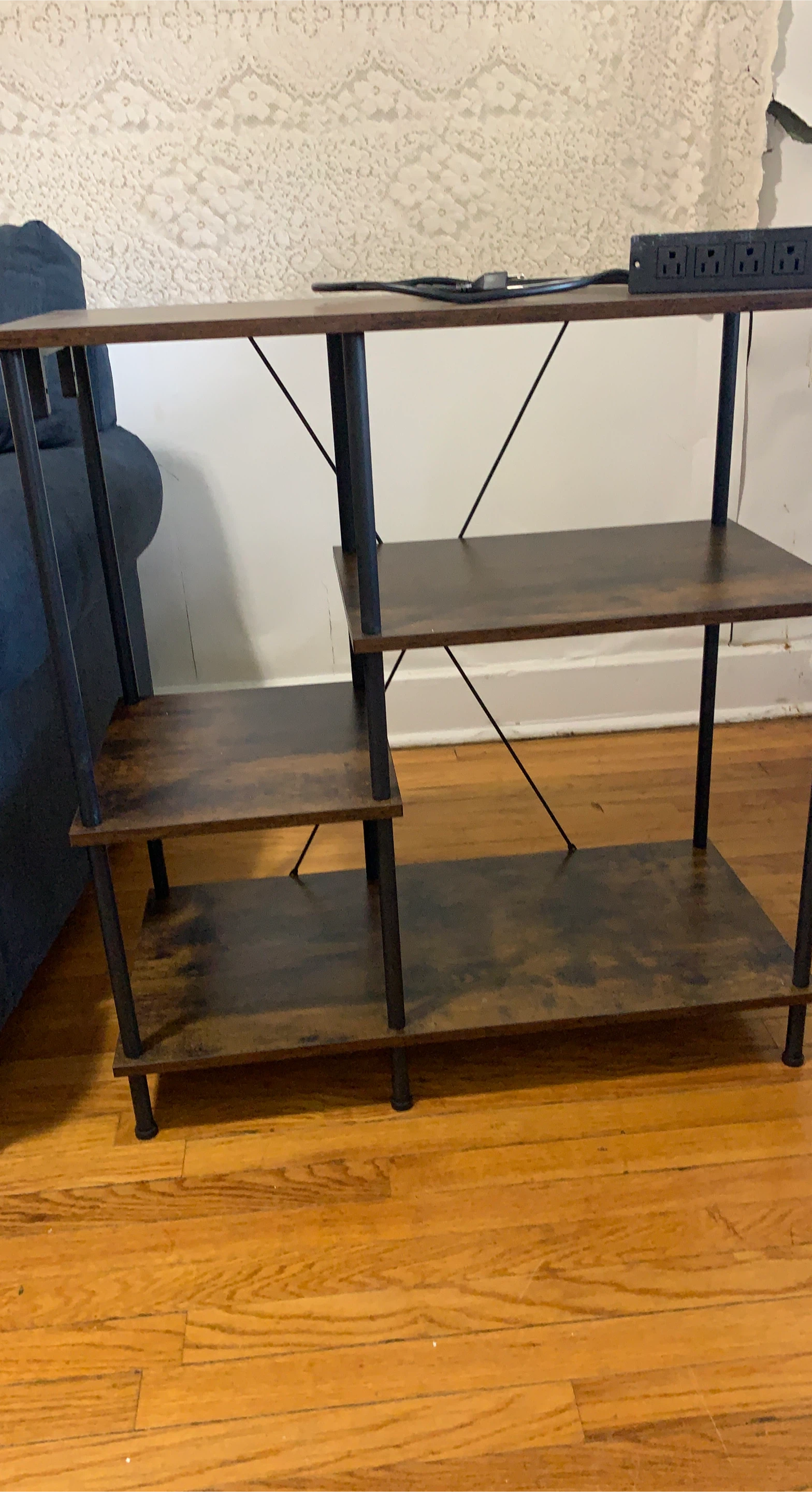Wood grain 4-tier shelf unit with power strip