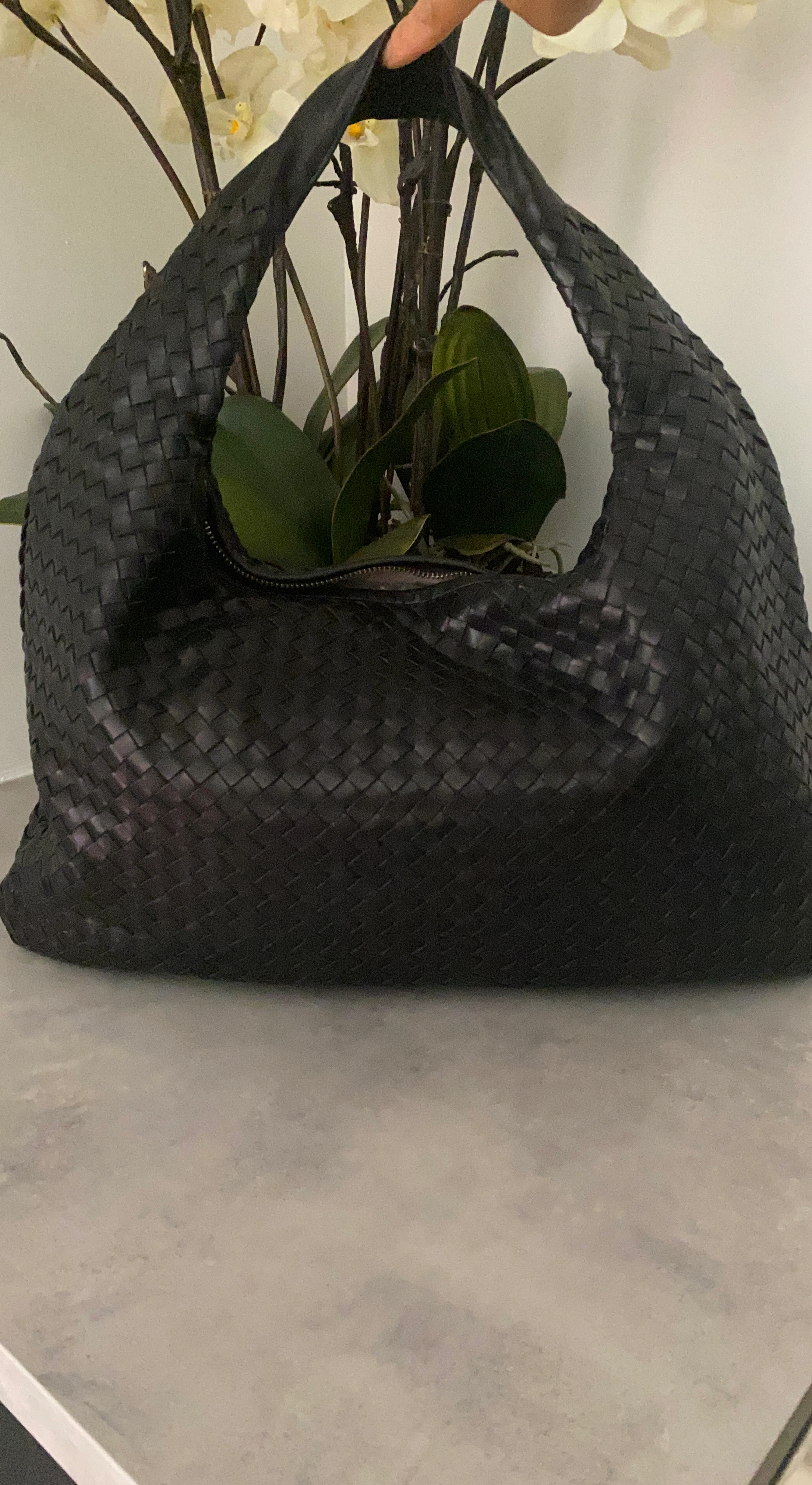 Black Woven Leather Hobo Bag