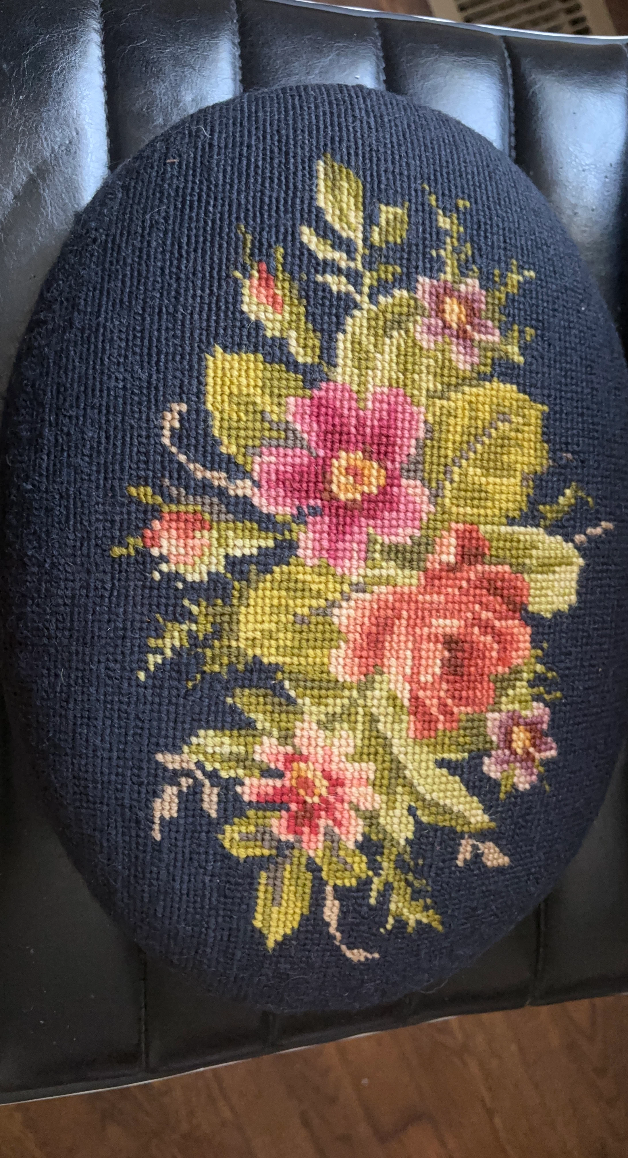 Vintage Needlepoint Floral Stool Cushion