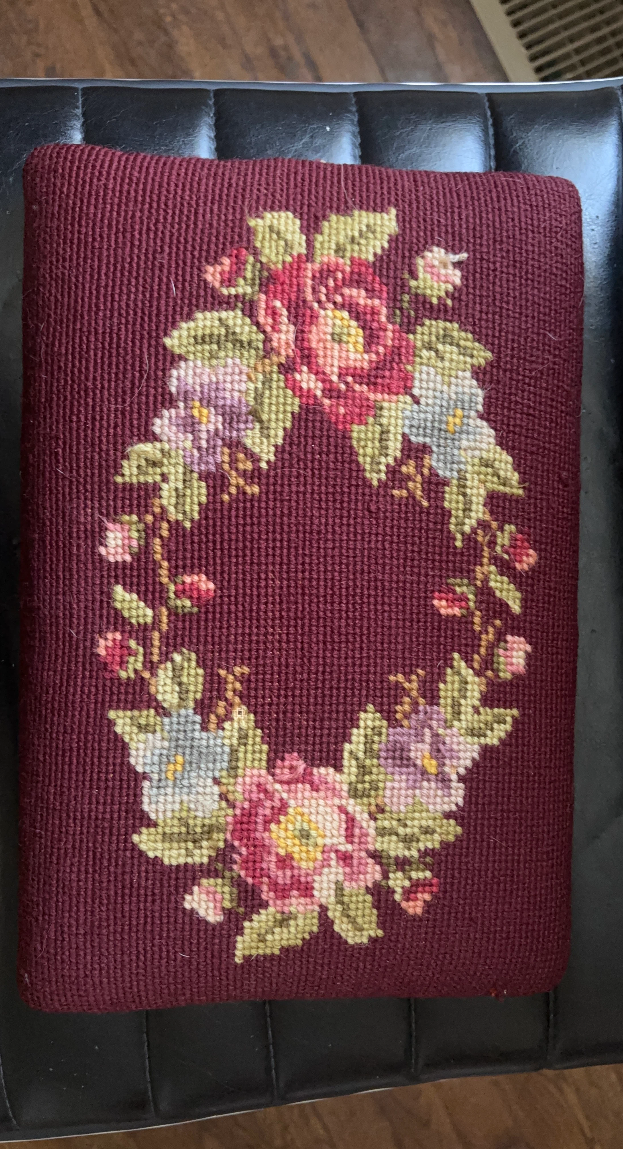 Vintage Floral Needlepoint Footstool Top/ cushion
