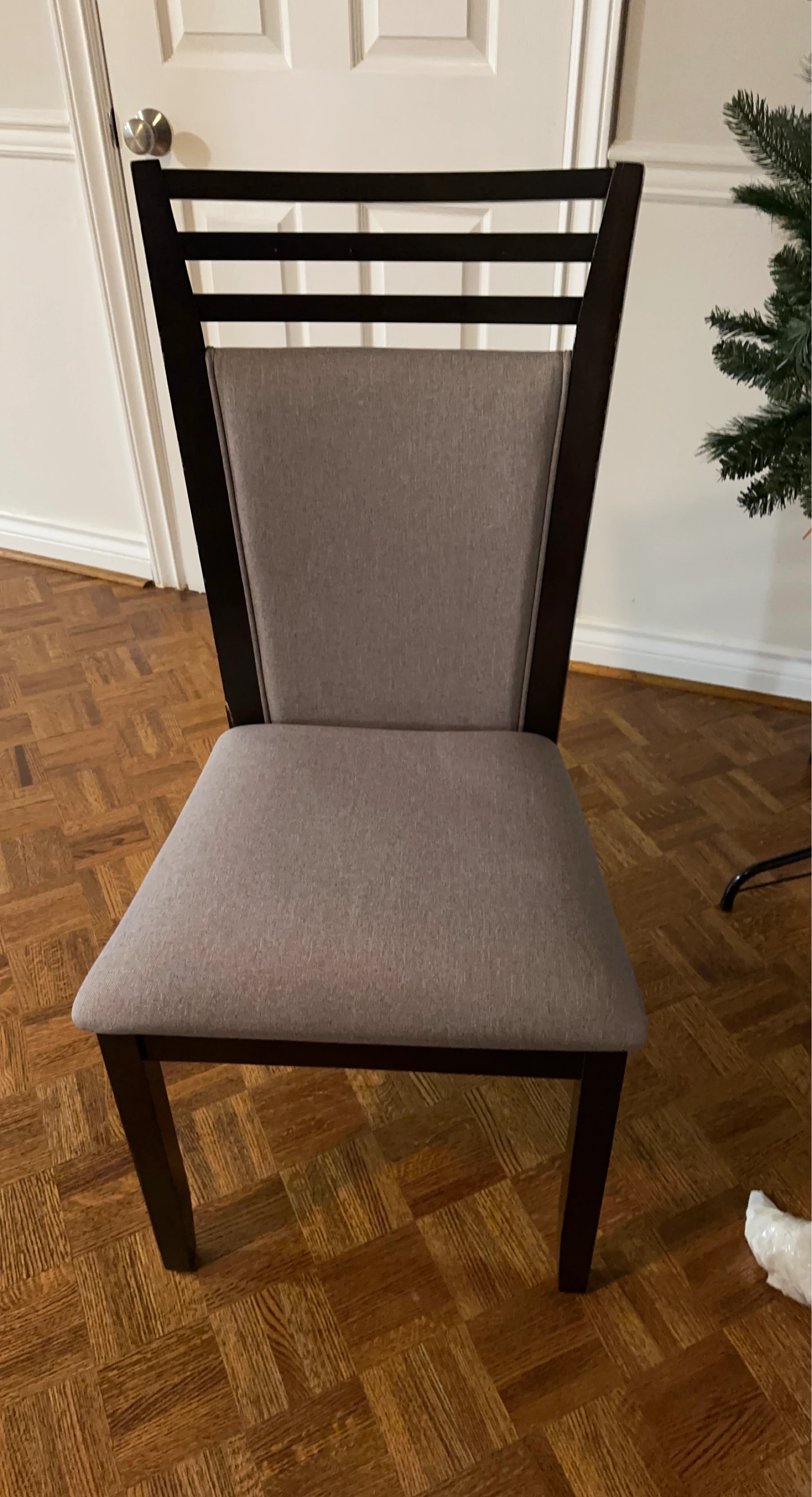 Dark Wood Dining Chair with Grey Upholstery