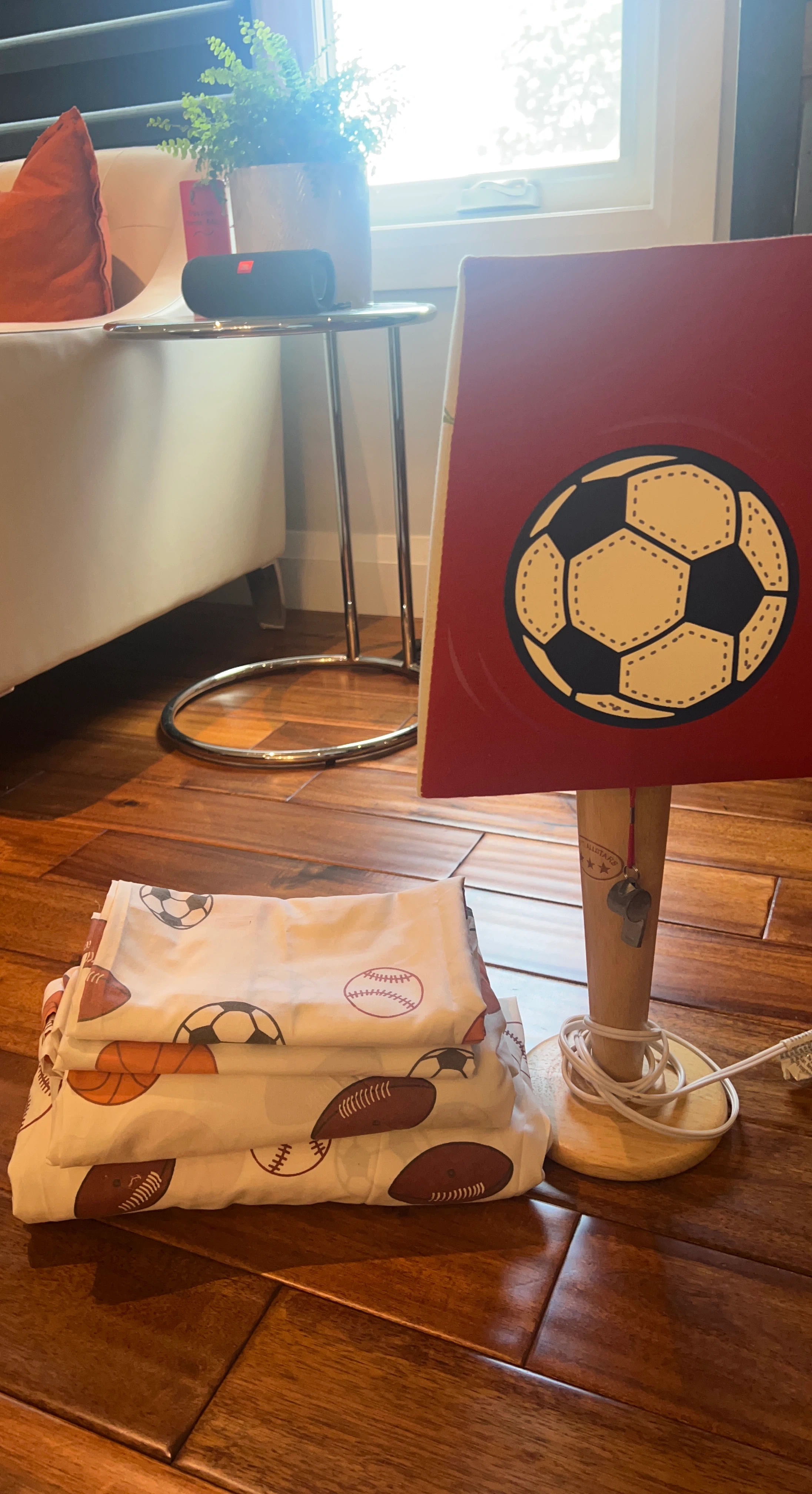 Kids Sports Themed Bedding Set and table lamp