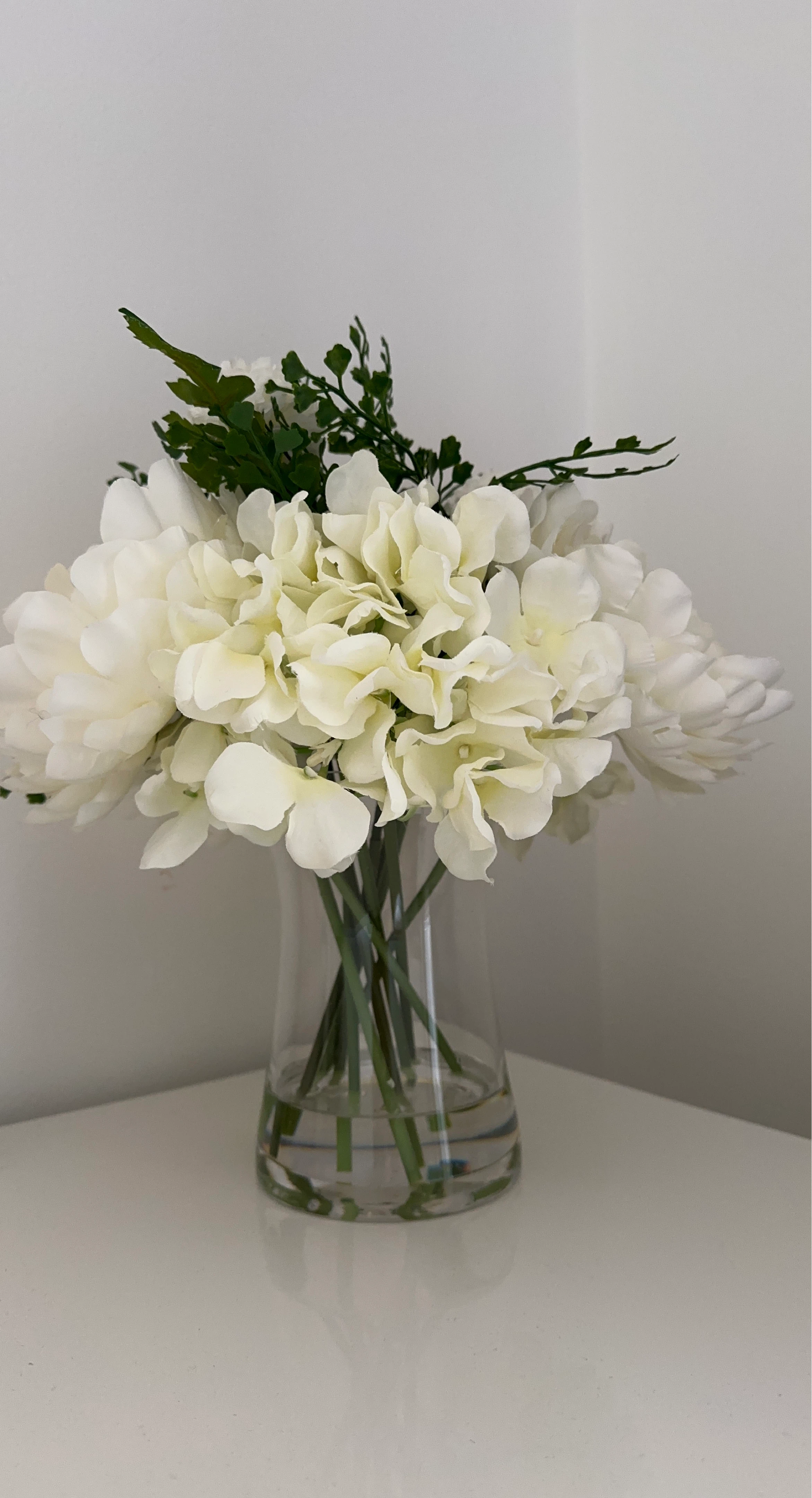 White Artificial Flower Arrangement in Glass Vase
