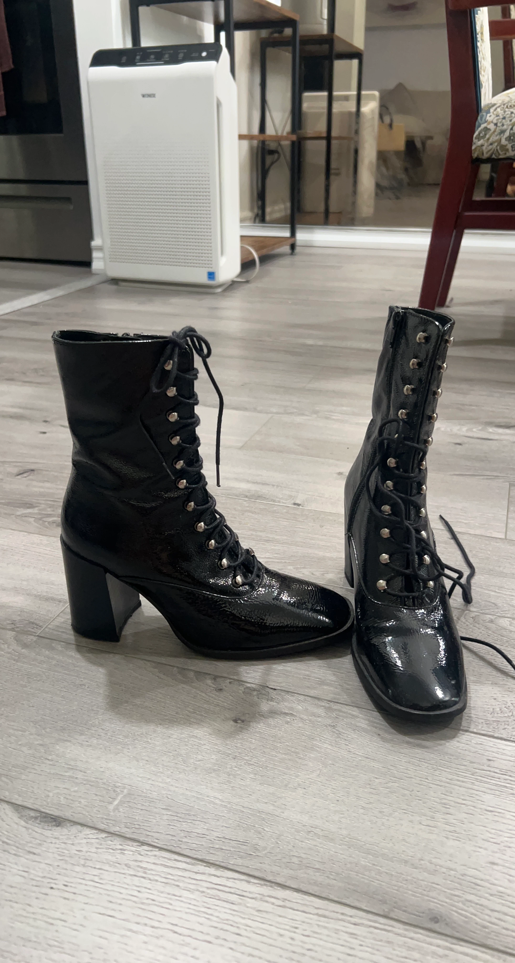 Black Patent Lace-Up Heeled Boots