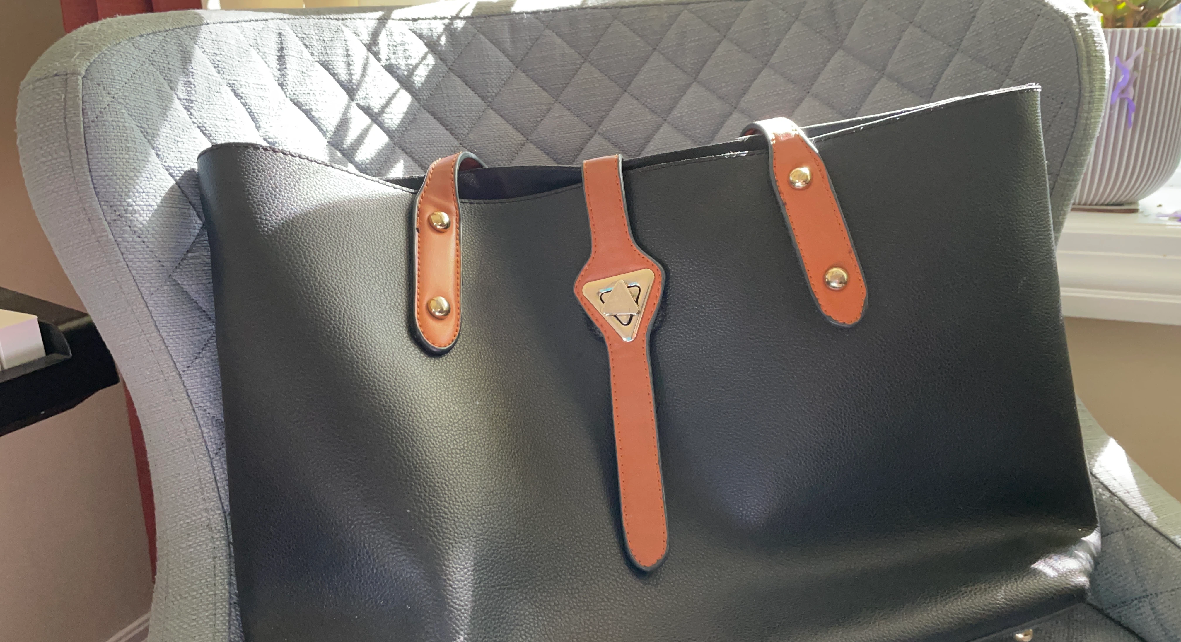 Black Faux Leather Tote Bag with Brown Accents