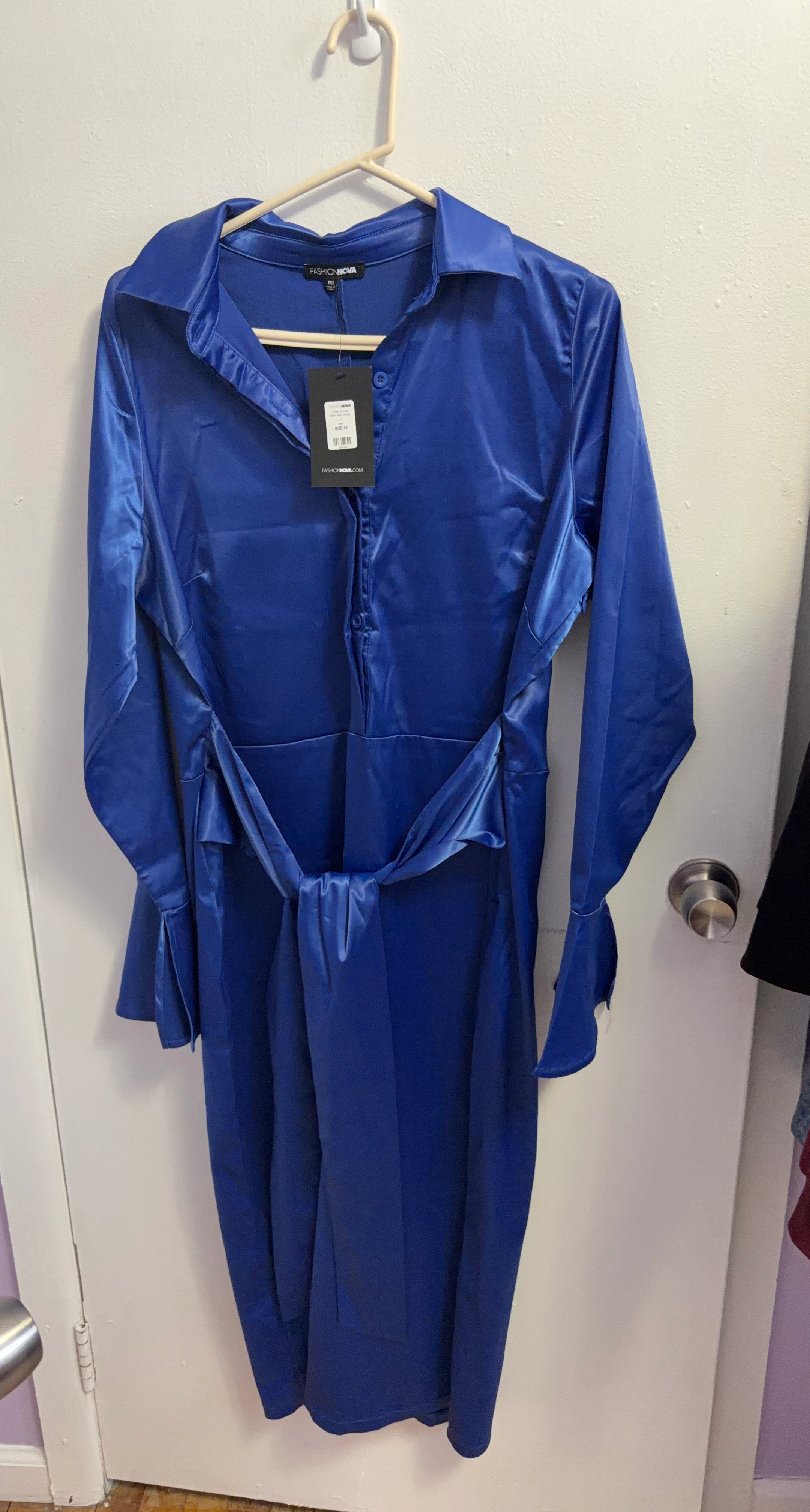 Fashion Nova Royal Blue Satin Shirt Dress